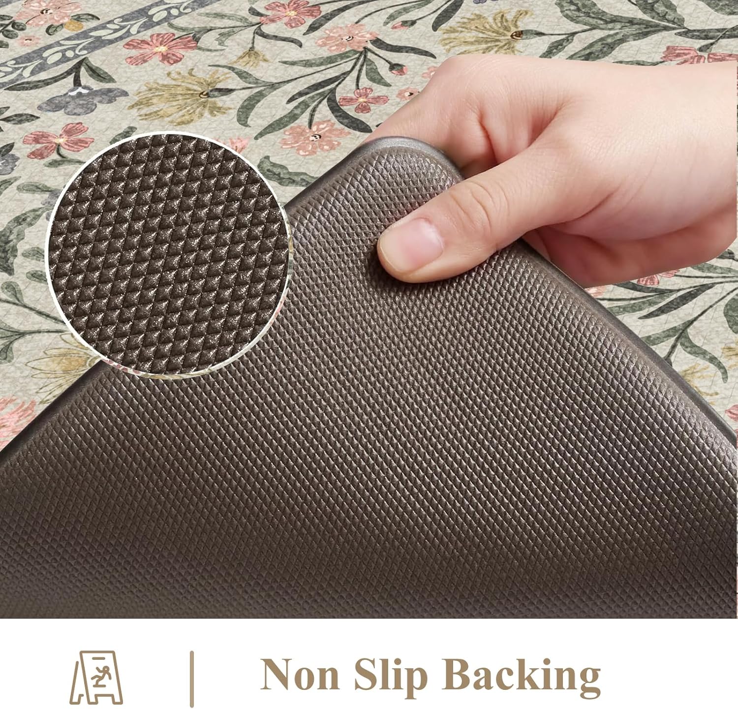 Collive Anti Fatigue Mat for Kitchen Floor, Spring Floral Kitchen Mats for Floor Set of 2, Beige Cushioned Waterproof Sink Rugs Non Slip Comfort Standing Rug for Office, Laundry, Desk