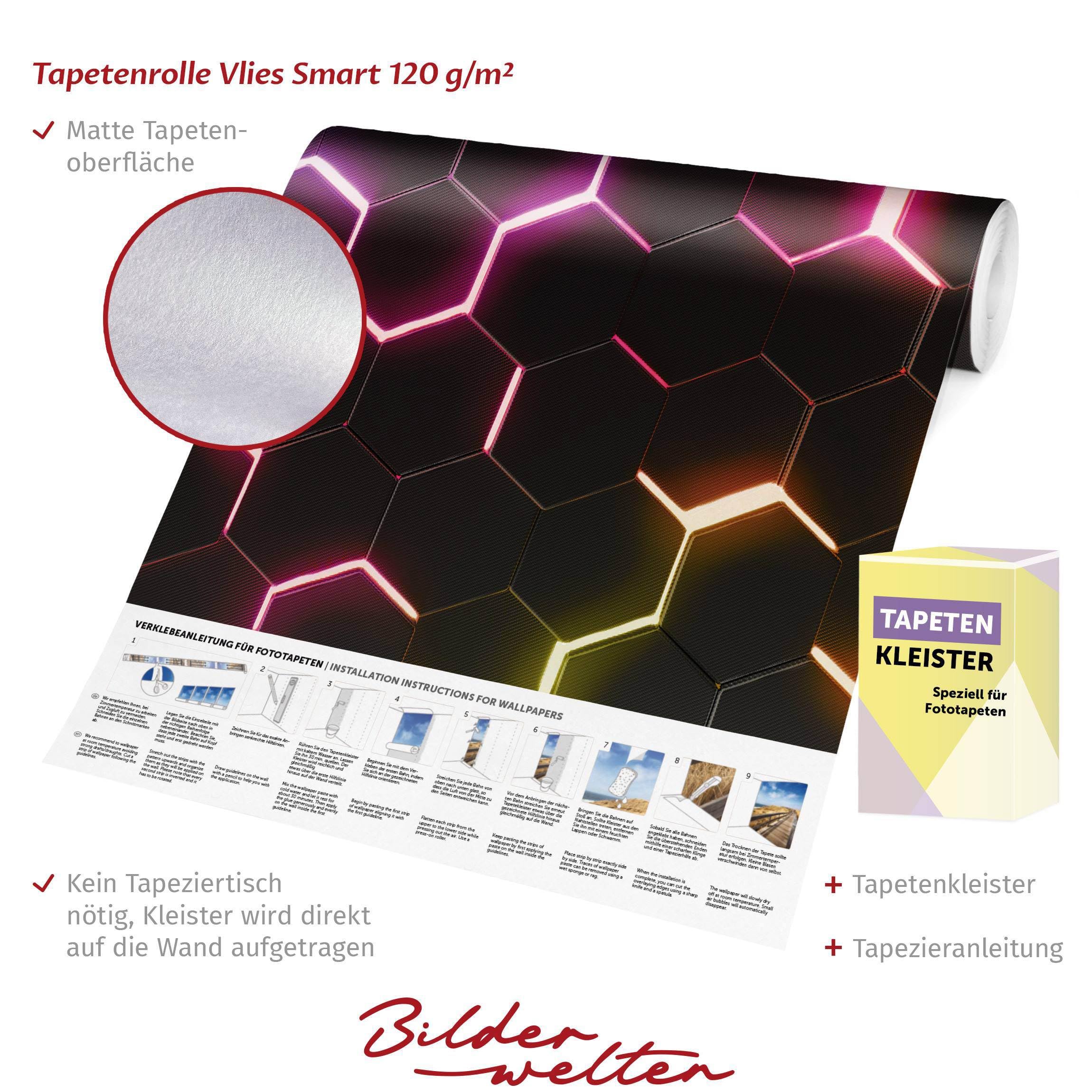 Bilderwelten Fototapete Gaming Struktur Hexagone mit Neonlicht 192 x 192 cm Vlies-Tapete XXL Smart Wandtapete Wanddekoration Wohnzimmer Schlafzimmer