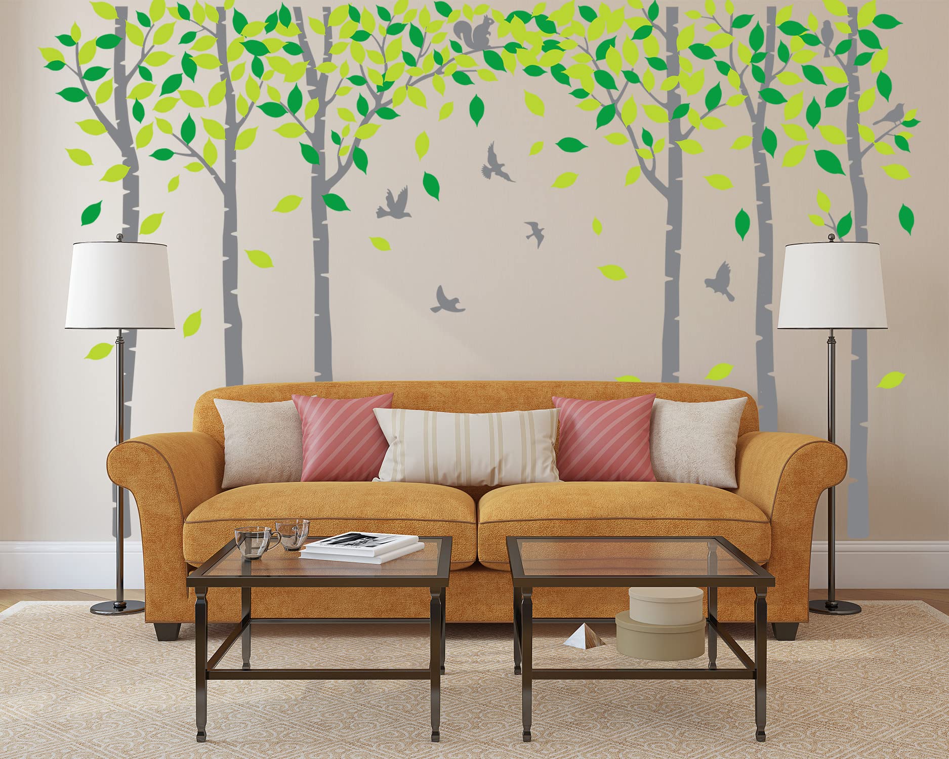 Sei adesivi da parete con albero di betulla, con uccelli, scoiattolo, foresta, albero, adesivo da parete, decorazione per camera dei bambini, camera da letto, soggiorno, aula (grigio, verde)
