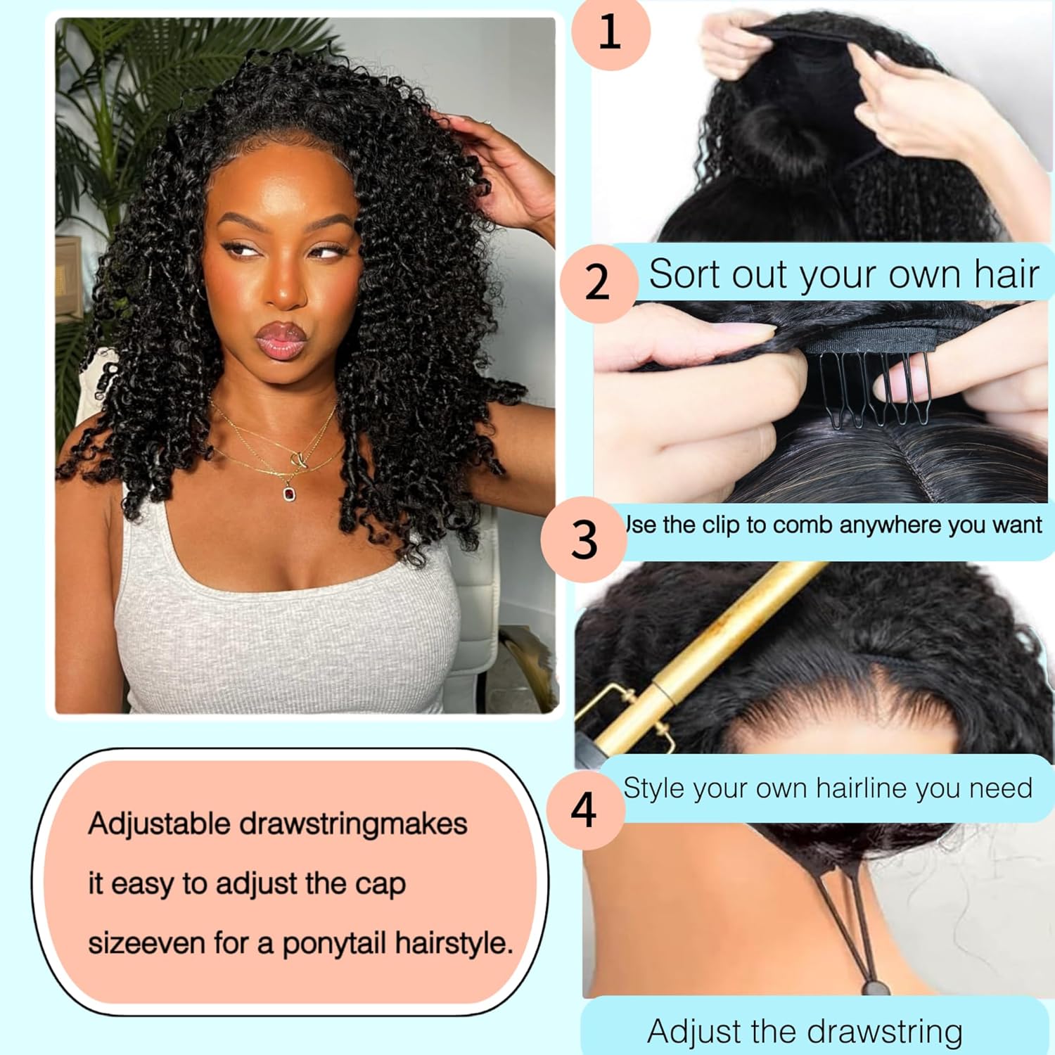 Kinky Curly Half Wig Human Hair Drawstring Seamless Flip Over Half Curly Wig Human Hair Invisible Hairline Glueless Wear and Go Wigs For Black Women Beginner Friendly 18Inch 200% Density