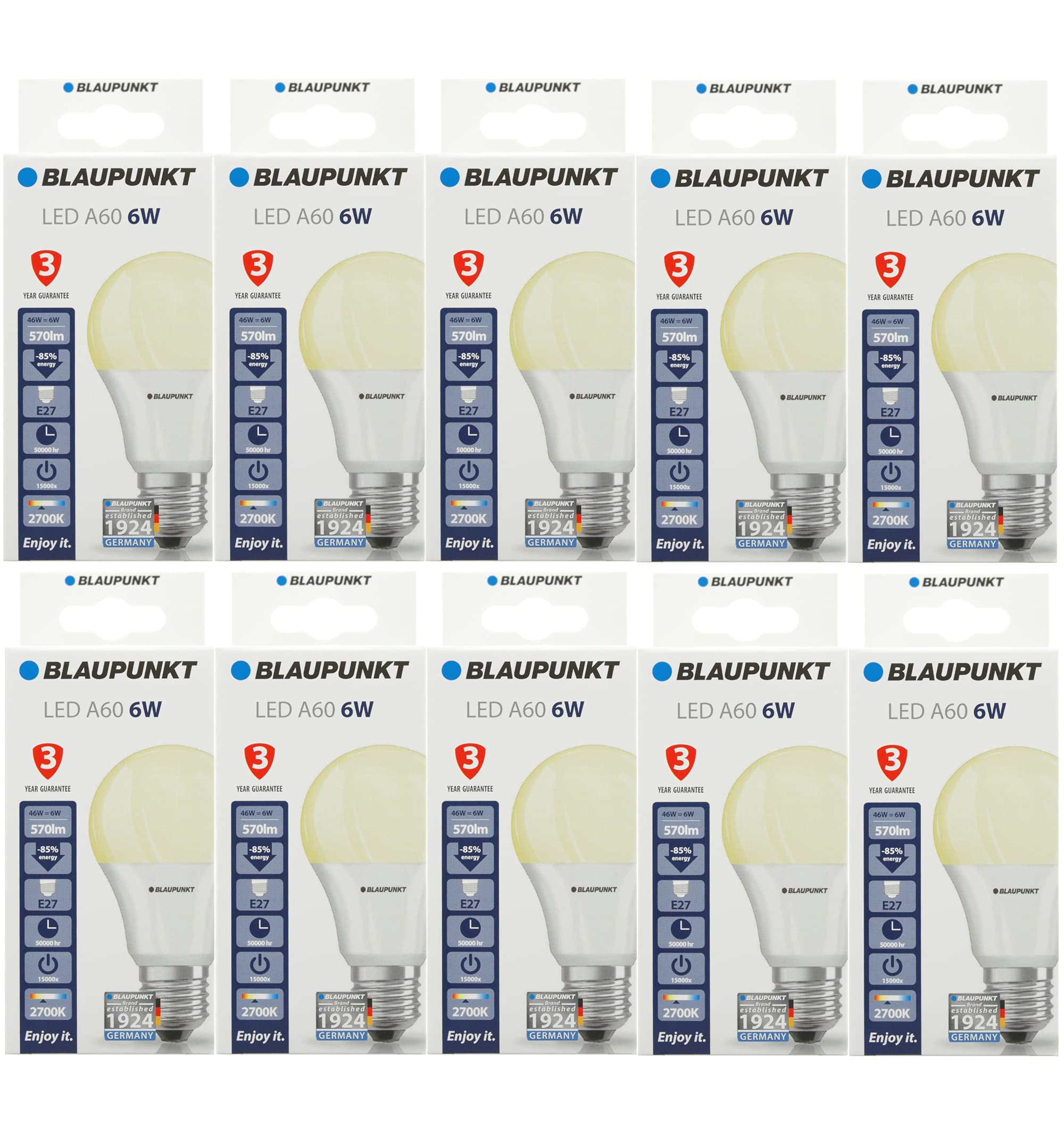 Blaupunkt LED E27 Birne - Classic - LED-Leuchtmittel - Raumbeleuchtung - 6W - Ersatz für 48W Glühbirne - Warmweiß 2700K - Lampe - Energie- und Kostensparendes Licht - Led Lampen - 10-er Pack