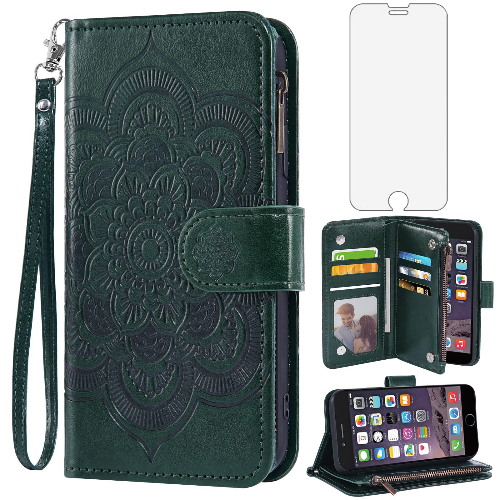 Asuwish Compatible With IPhone 6plus 6splus 6/6s Plus Wallet Case And Tempered Glass Screen Protector Flip Card Holder Cell Phone Cover For IPhone6 6...