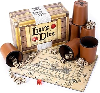 Liar's Dice Game Set - Classic Family Bluffing Game - Treasure Chest Includes Six Professional Bicast Leather Dice Cups, 3...