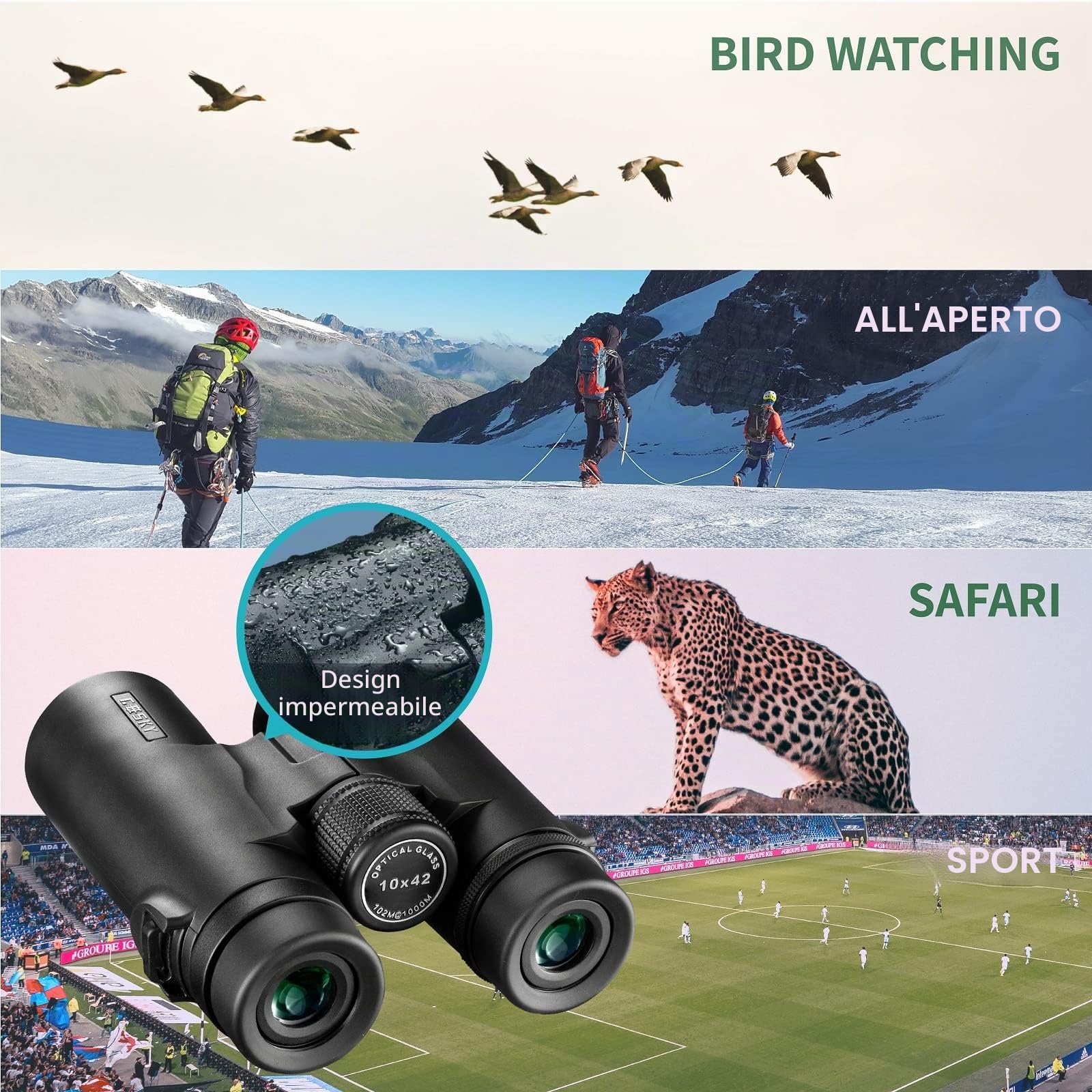 Gosky - Binocolo con prisma a tetto, 10 x 42 per adulti, HD, binocolo professionale per bird watching, viaggi, osservazione delle stelle, caccia, concerti, sport, prisma BAK4, lenti FMC