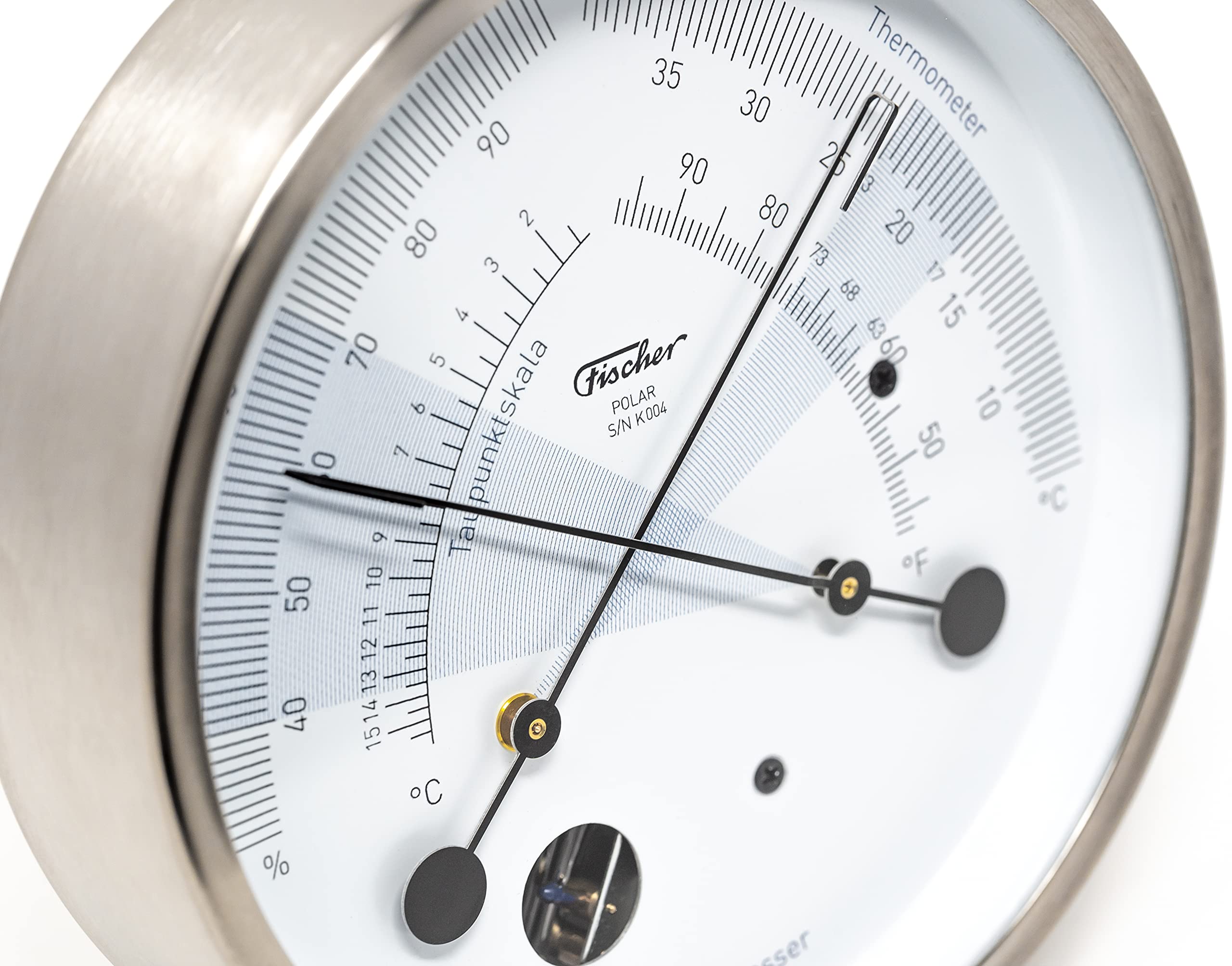 Fischer 1608K-01, POLAR Klimamesser, Thermohygrometer, Made in Germany | mit Thermometer und Haar-Hygrometer, Edelstahl-Gehäuse, Messbereich 30-100 % r. F. und 5-40 °C, 133mm Durchmesser