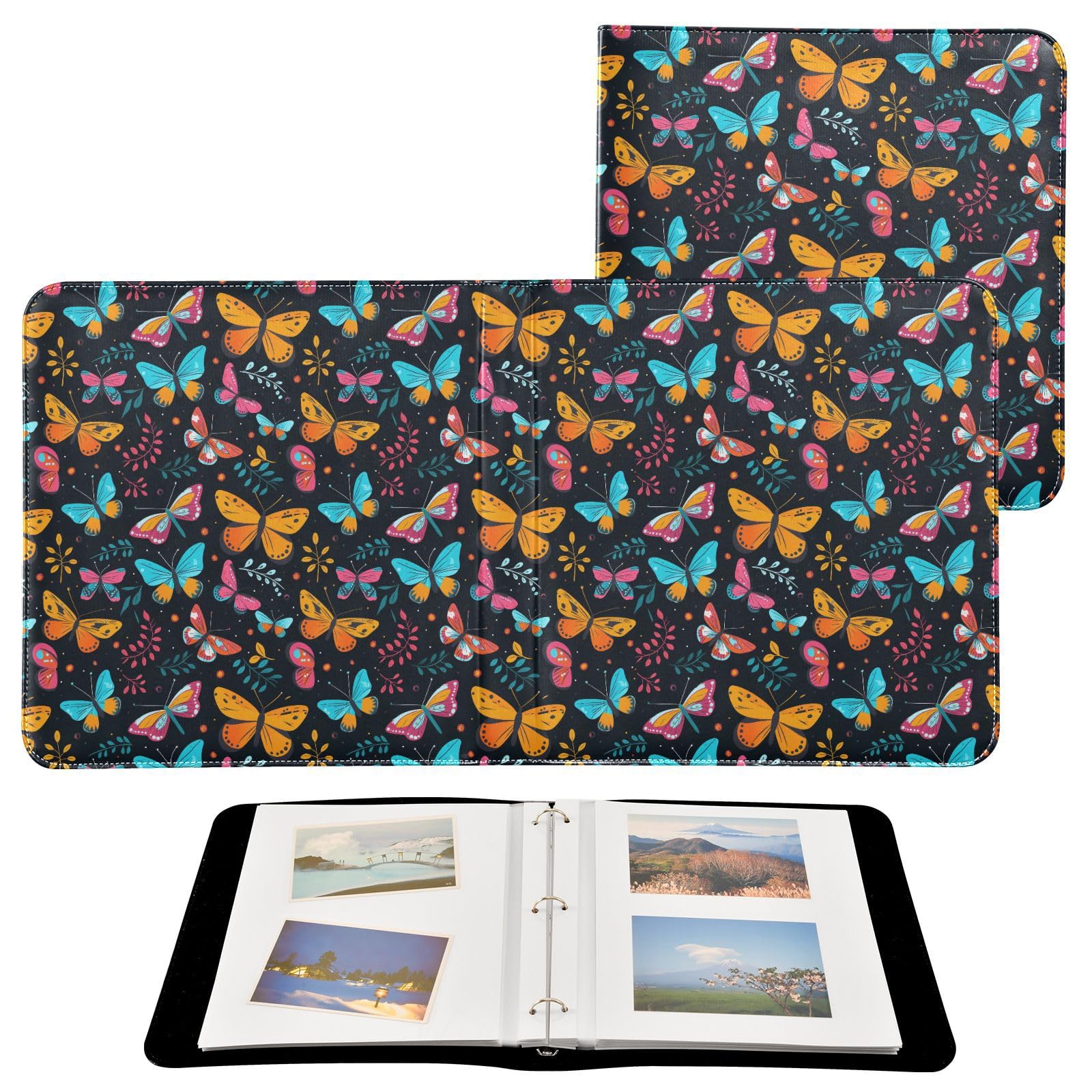 JIPONI Colorful Butterflies Large Photo Album, DIY Leather Cover Scrapbook Albums for 4x6 5x7 6x8 Pictures, Self Adhesive Memory Book for Wedding, Baby, Family