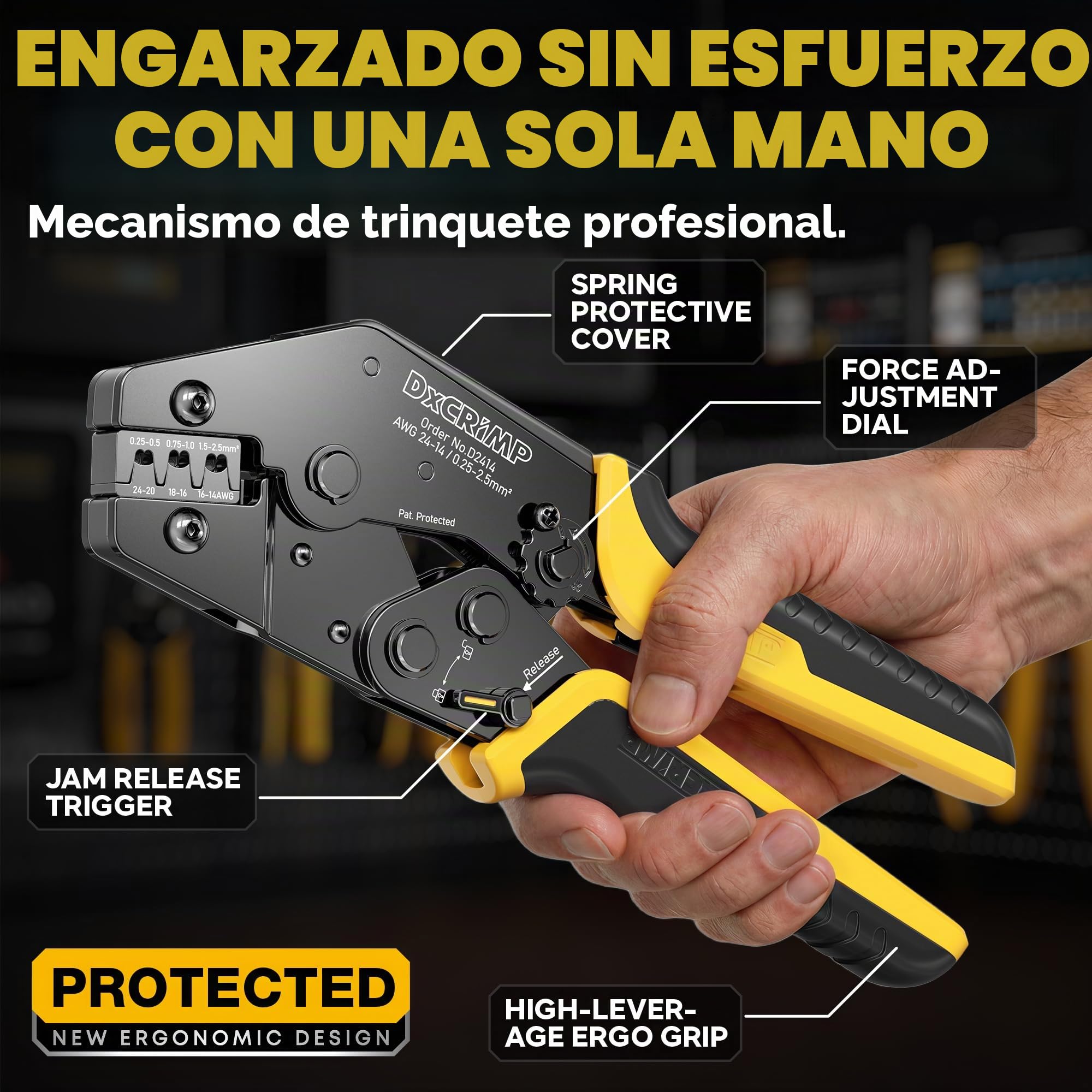 DxCRIMP Kit de Crimpadora para Terminales Eléctricos con 21 Tipos de 0,25–2,5 mm² (AWG 24–14), Kit Profesional de Crimpado y Pelacables, Herramienta Precisa para Electricistas, Bricolaje y Hobby