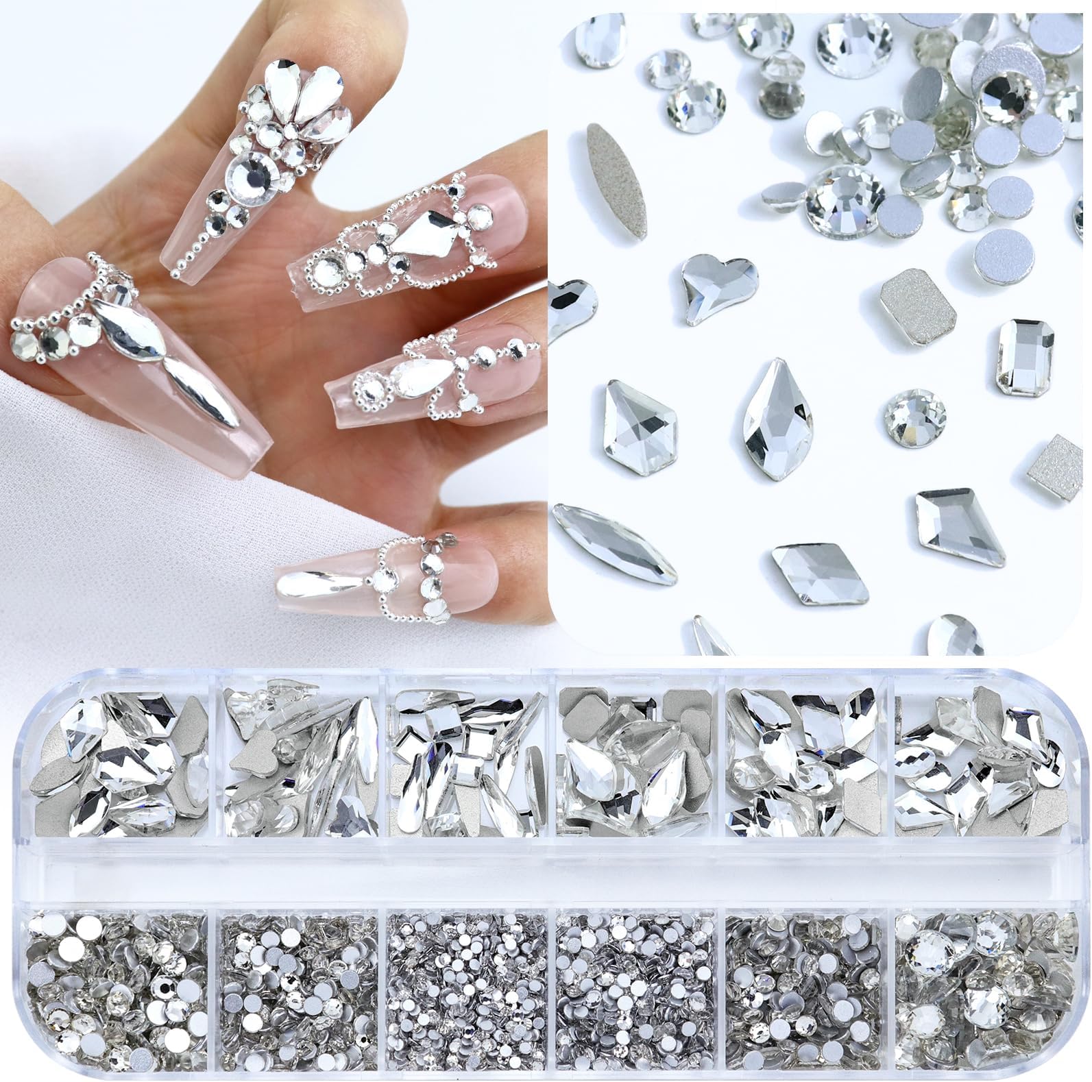 Dowarm 3200PCS Nail Art Rhinestones, Crystal Clear Flatback Rhinestones for Nails, Crafts, 12 Styles 3D Glass Crystal Nail Gems, White Diamond Stones