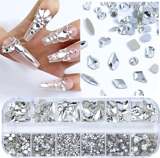 Dowarm 3200PCS Nail Art Rhinestones, Crystal Clear Flatback Rhinestones for Nails, Crafts, 12 Styles 3D Glass Crystal Nail Gems, White Diamond Stones