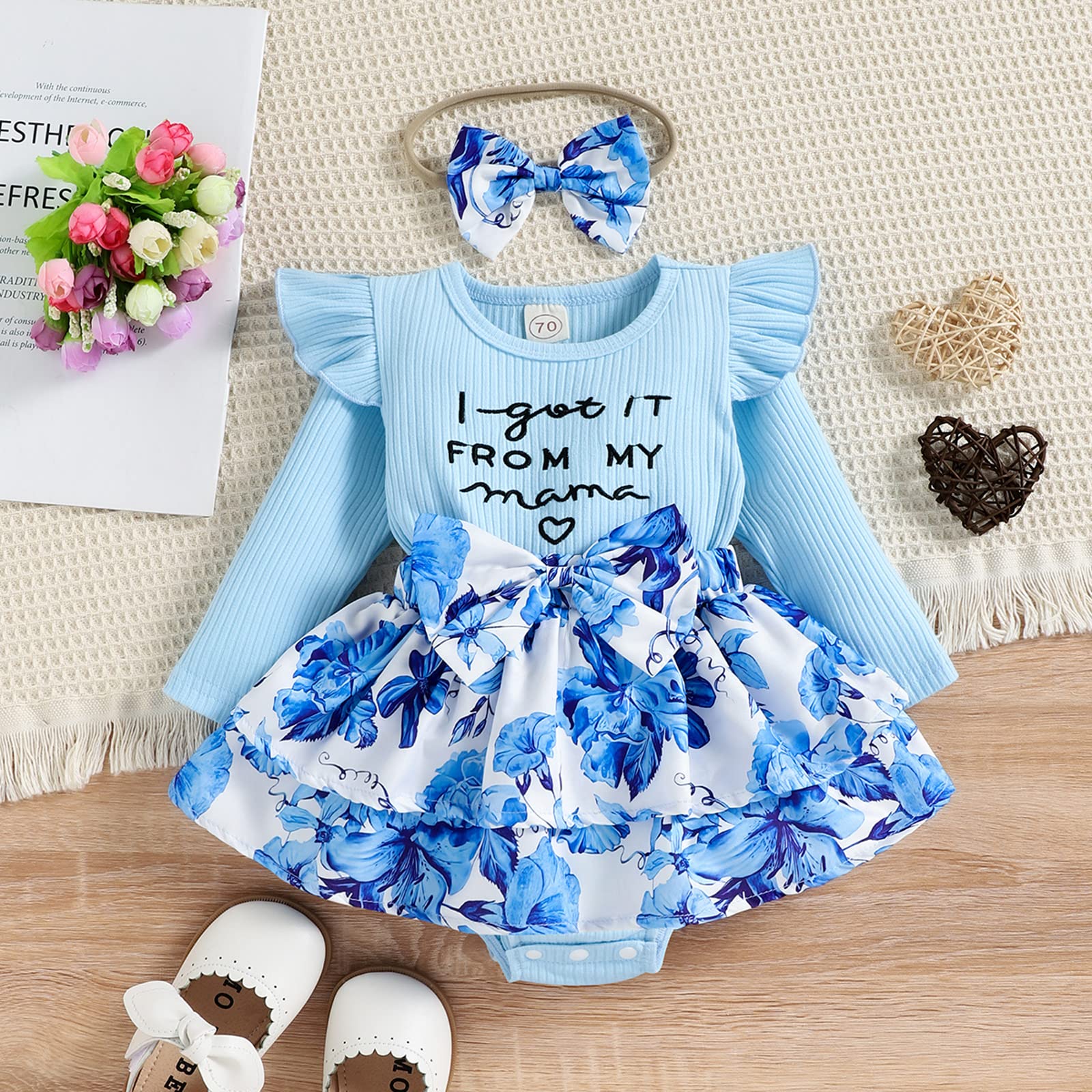 Infant Baby Girl Floral Tutu Romper Dress I Got It from My Mama Long Sleeve Jumpsuit Fall Outfit Clothes (Blue,6-12 Months)