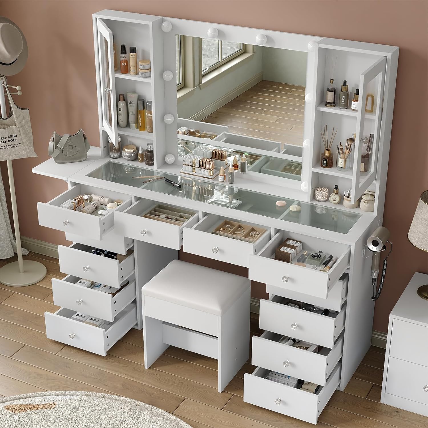 55'' Large Vanity Desk with Mirror and Lights, 12 Drawers Makeup Vanity with Power Olutlet, 2 Cabinets & Fold-up Panel, 3 Lighting Modes, Glass Top Vanity with Chair for Bedroom, White