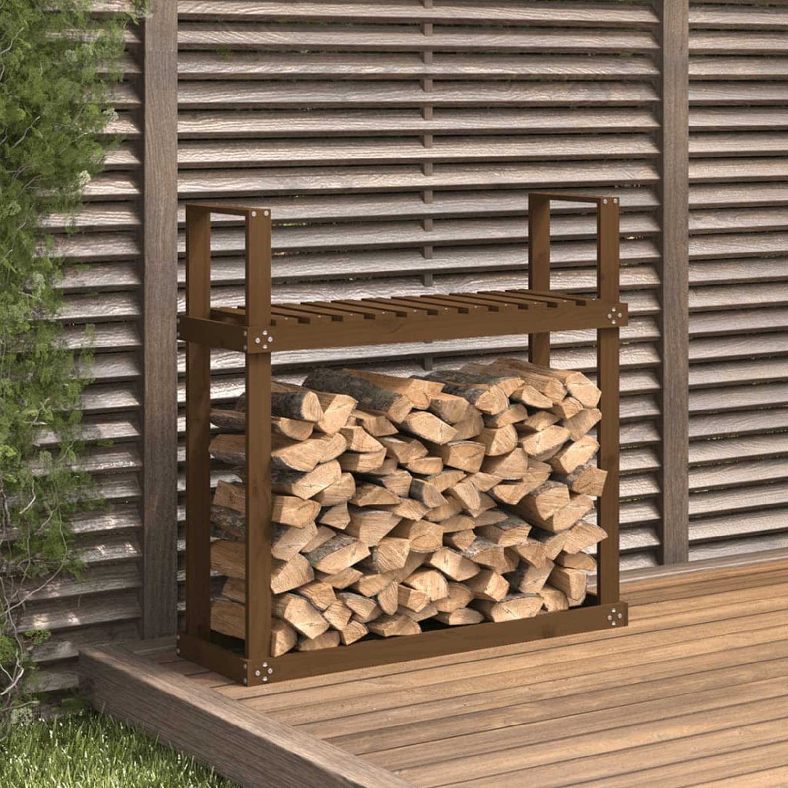 Homgoday Portalegna Marrone 110x35x108,5 cm in Legno Massello di Pino, Portalegna da Interno, Portalegna da Ardere, Porta Legna per Camino, Legnaia da Interno, Impilabile Stufa Ripiano Legno
