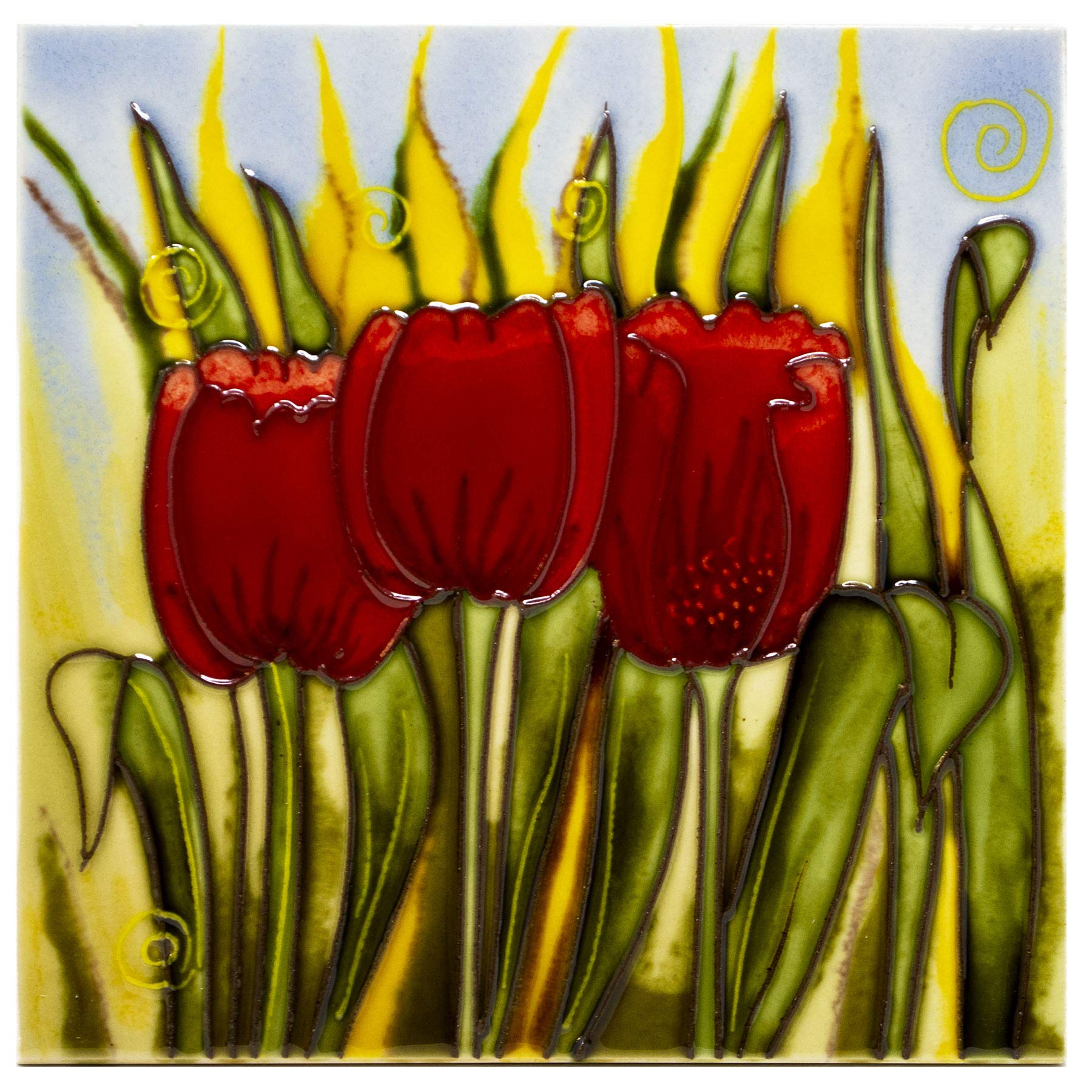 BenayaHand Crafted 8" Art Trivet Tile- Tulip Trio