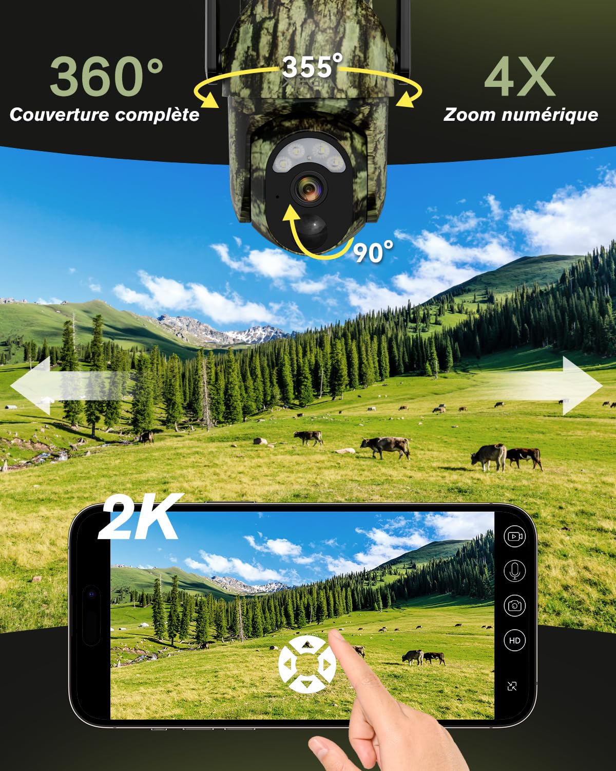 Xega 4G LTE Camera de Chasse avec Carte SIM Solaire Extérieure sans Fil | 2K PTZ Caméra Surveillance PIR Détection, Vision Nocturne Couleur, Etanche IP65, Audio Bidirectionnel, pour animaux sauvages