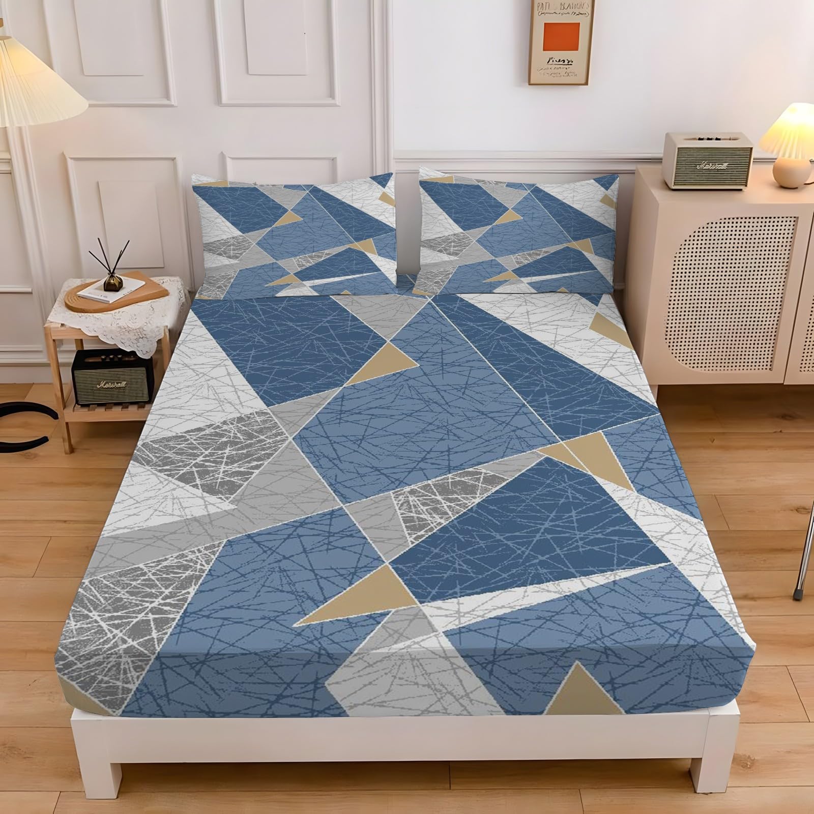 Drap-housse géométrique 150 x 190 cm avec taie d'oreiller en microfibre