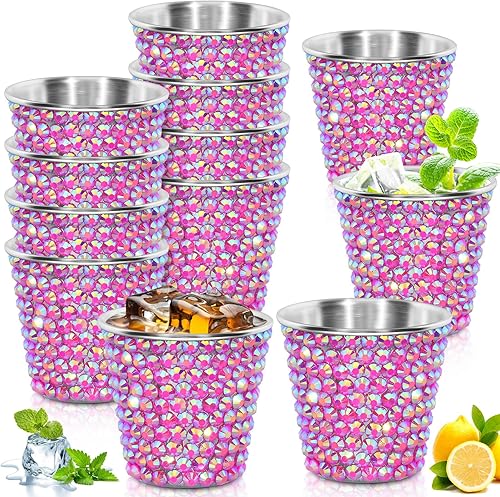 Paquete de 12 vasos de chupito de acero inoxidable con diamantes de imitación de 1 onza, vasos pequeños con purpurina, vasos de metal para adultos,