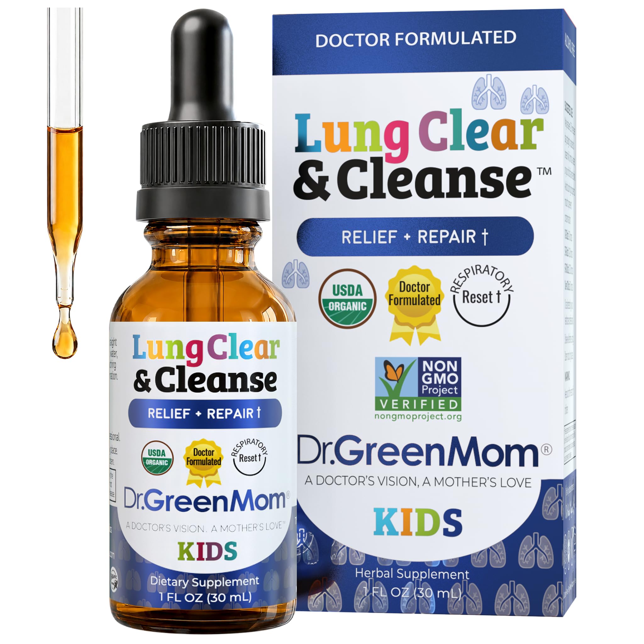 Dr Green Mom Lung Clear & Cleanse — Kids Lung & Bronchial Support Drops — Mullein Respiratory Supplement for Kids — Easy Breathing & Immune Support During Increased Exposure to Pollution — 1 fl oz