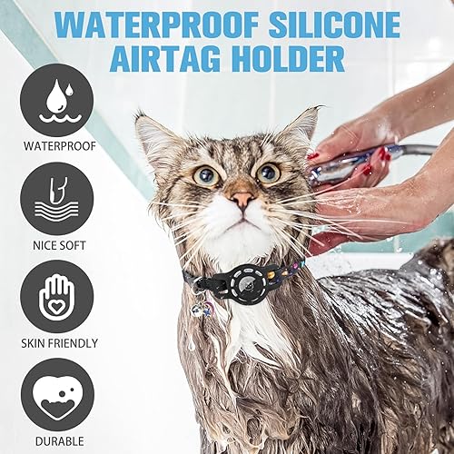 Miniatura 5 de BINGPET AirTag - Collar de gato con campanas, collar elástico de seguridad mejorado con soporte para collar de gato Airtag, collares de gato