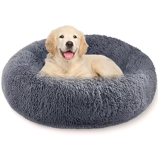 Whome Donut Dog Bed Medium - Bed Round Warm Cuddler Soft Fluffy Pet Beds for Dogs - Anti-Anxiety and Better Sleep - Anti-Slip Bottom - Machine Washable (70CM * 70CM, M, Dark Grey)