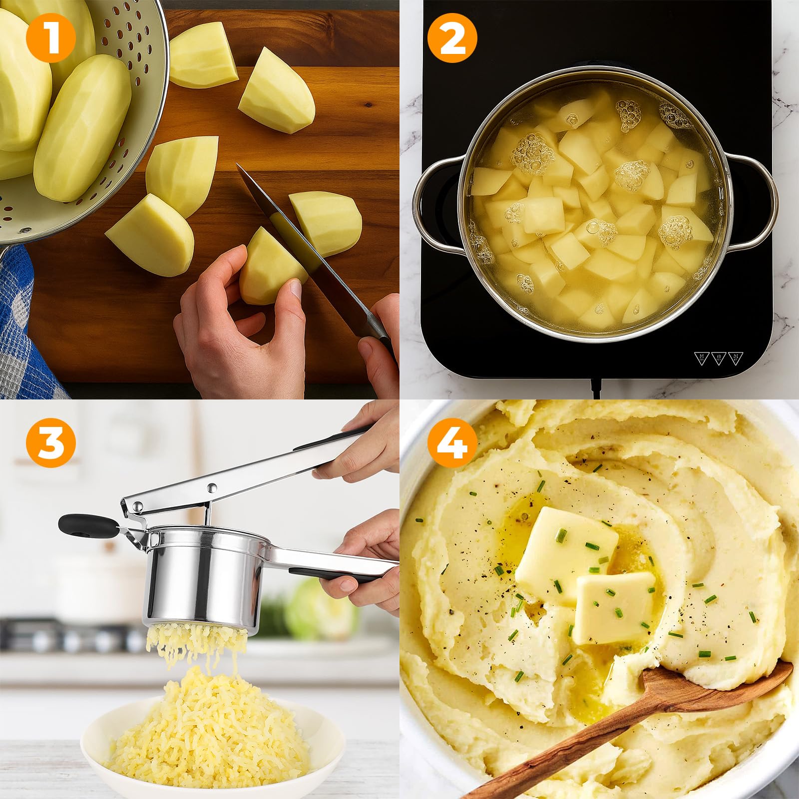 Presse-purée inox 18/10 450 ml, Presse pommes de terre robuste 3 disques interchangeables, Ustensile cuisine purée lisse spaetzle gnocchis légumes