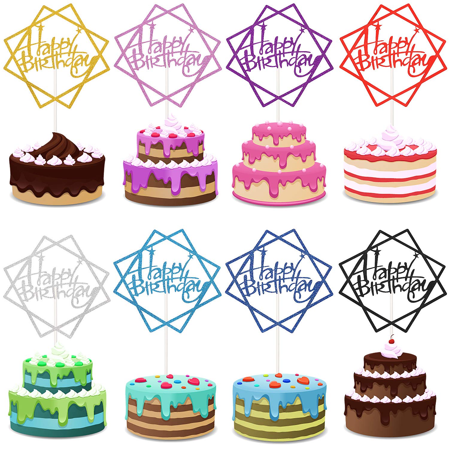 40 Pieces Happy Birthday Cake Toppers Glitter Birthday Cake Topper Cupcake Topper Cake Party Supplies Birthday Decorations for Children or Adults, 8 Colors (Square)