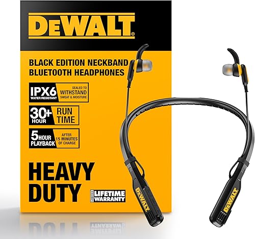 DEWALT Auriculares magnéticos Bluetooth resistentes con banda para el cuello, auriculares inalámbricos alrededor del cuello con tiempo de
