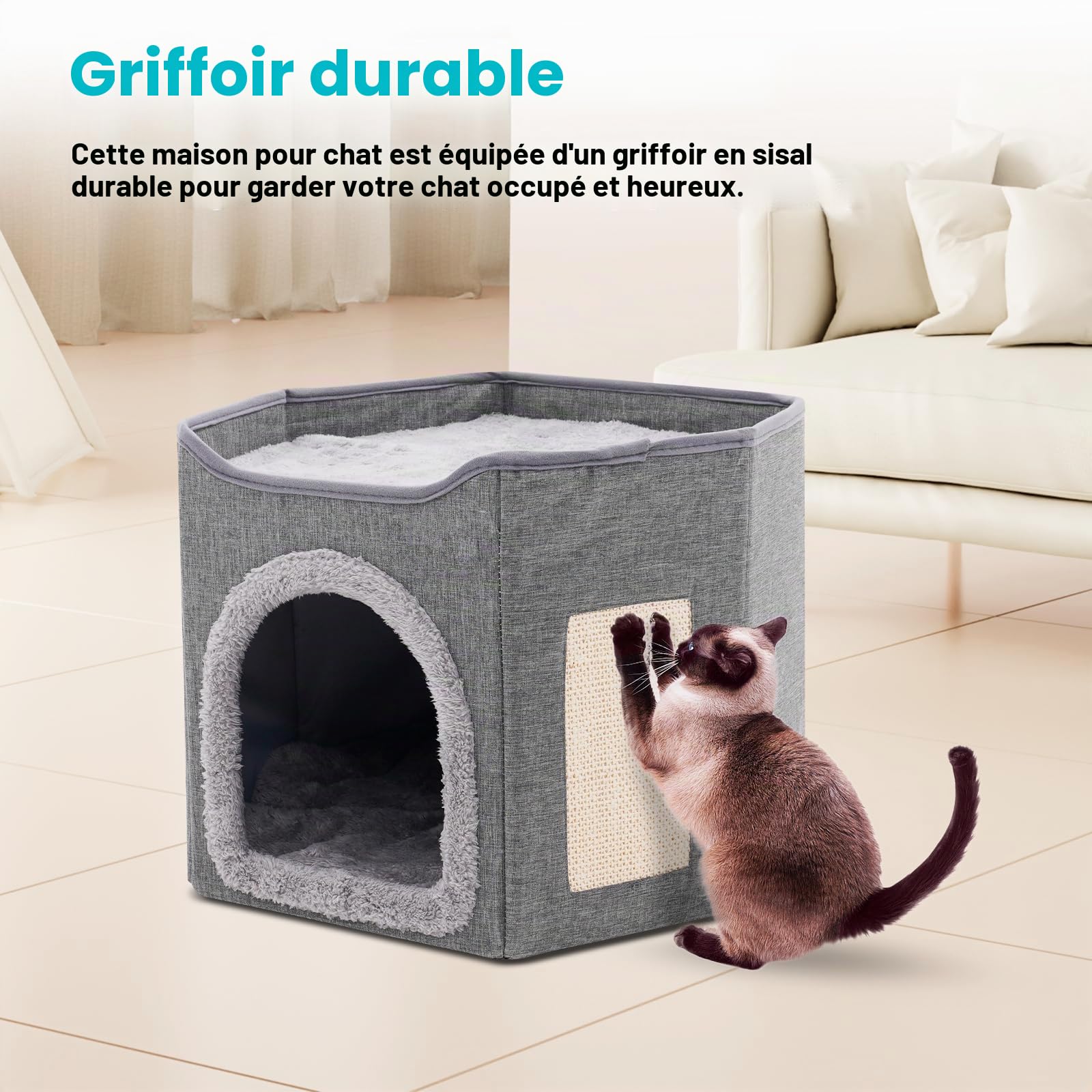 Maison pliable d'intérieur pour grands chats, grande niche pour chat avec griffoir, 2 couches, niche pour animaux de compagnie de petite et moyenne taille, grise