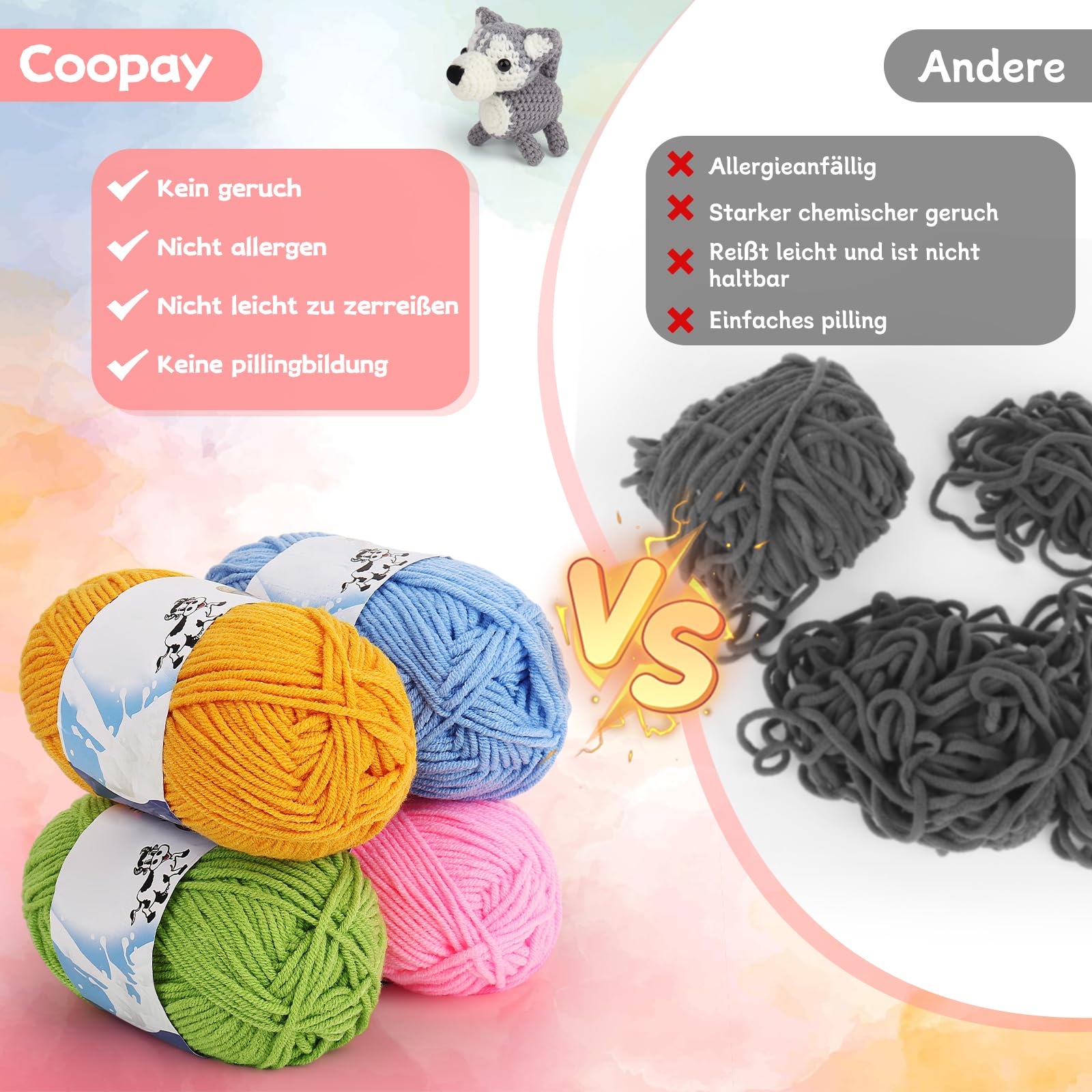 Coopay Lot de 5 pelotes de laine pour crochet, 5 x 50 g de fil à crochet, dégradé de couleur, 5 brins, douce et épaisse, pour crochet, fil multicolore pour tricot, crochet