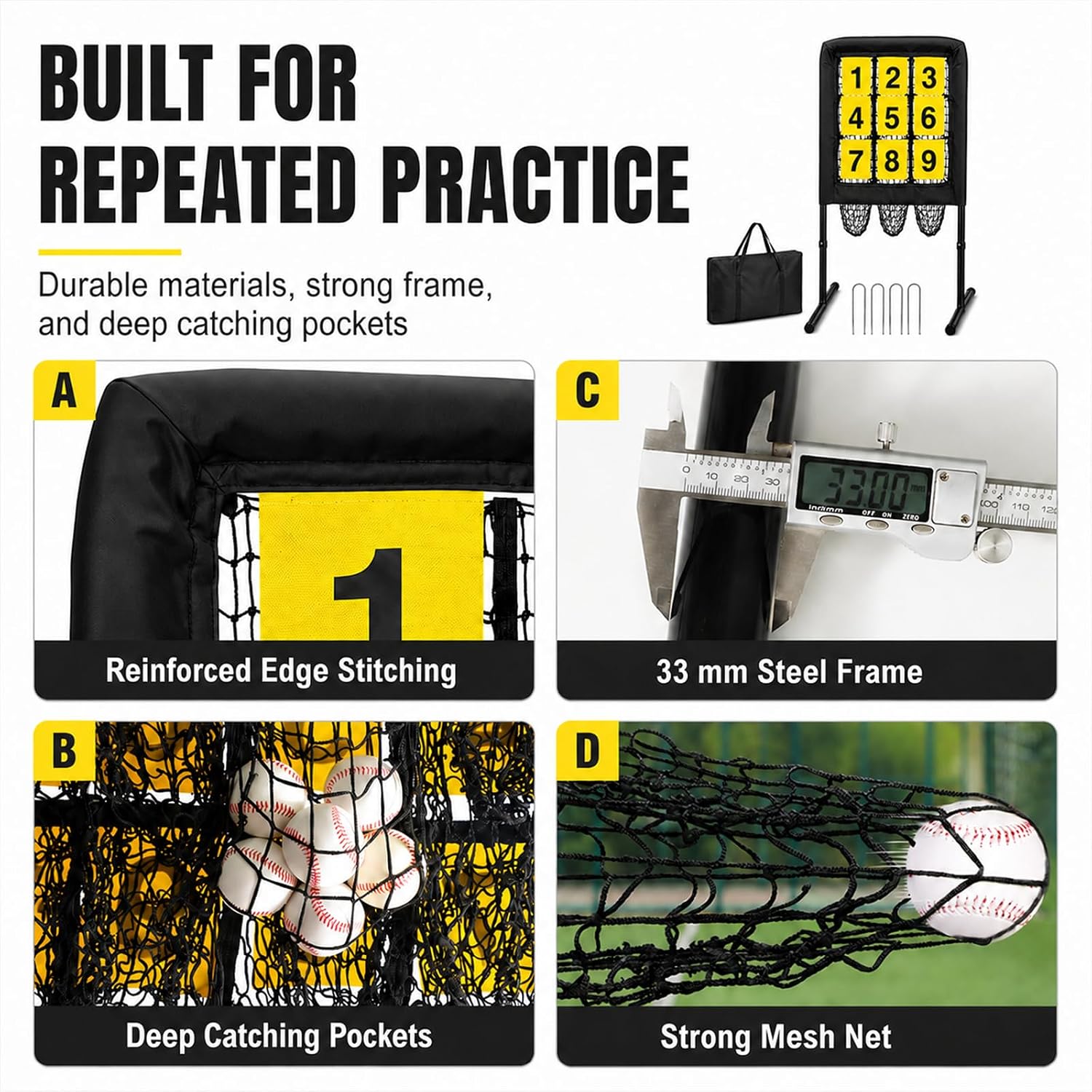 9 Hole Baseball Pitching Net with Pitching Target, Adjustable | Heavy Duty 9-Pocket Design, for Softball Hitting Throwing Drills, Indoor Outdoor Backyard Use, Fits All Skill Levels