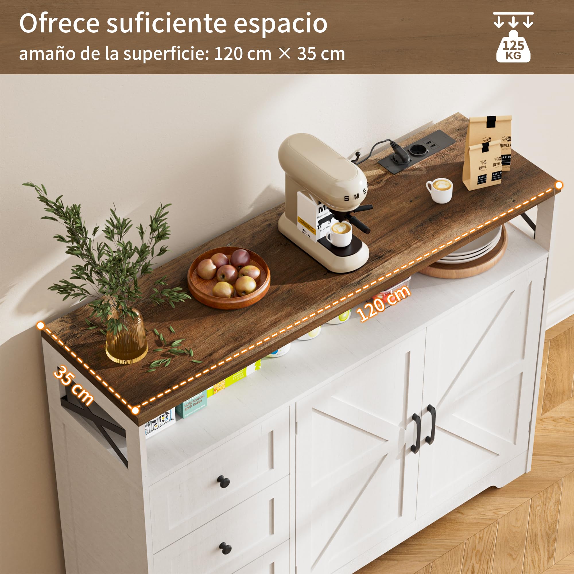 BonVache Aparador de cocina con cajones, armario de almacenamiento, armario con estante abierto, armario para cocina, comedor, salón, 120 x 35 x 95 cm, color blanco