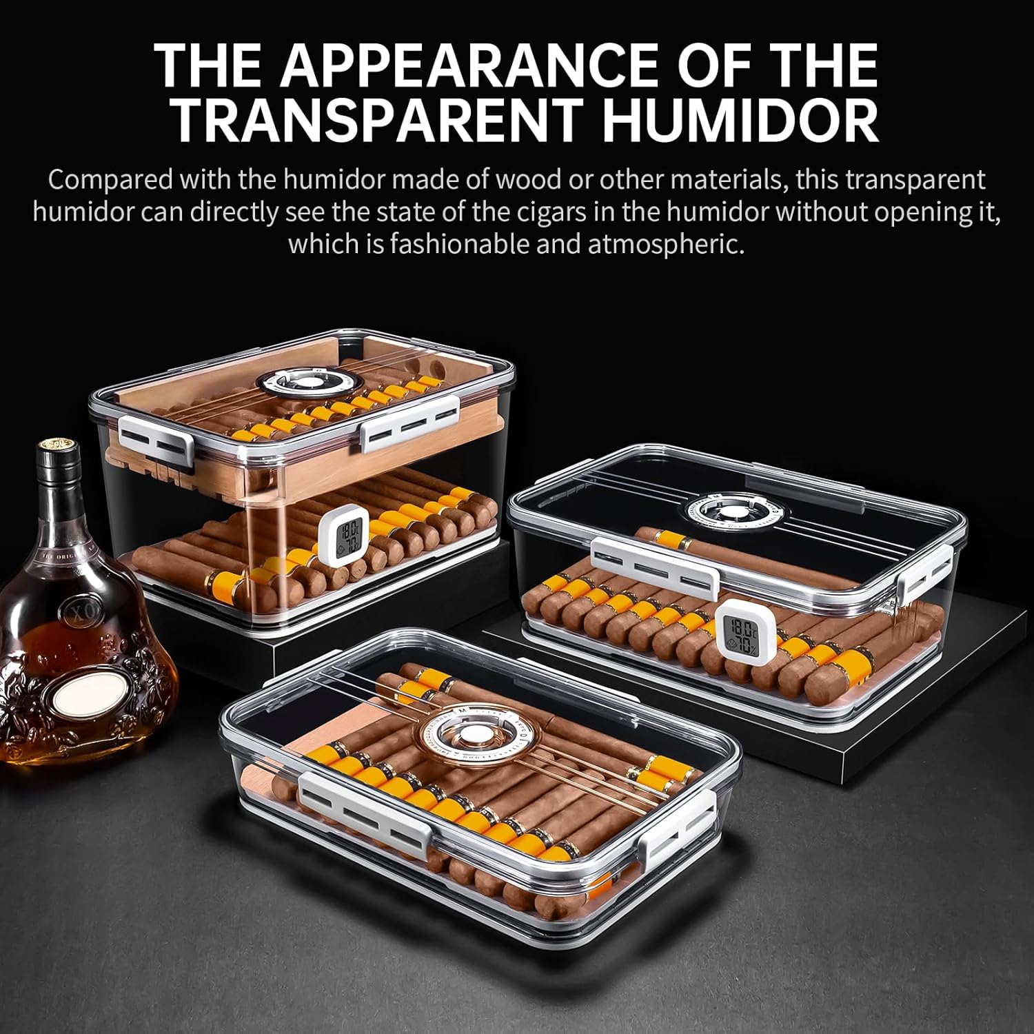 Cigar Humidor Clear Acrylic Humidor Spanish Cedar Shelf Cigar Case Box Portable Airtight Container Holds 80-100 Cigars with Humidifier&Hygrometer Thermometer(Large)