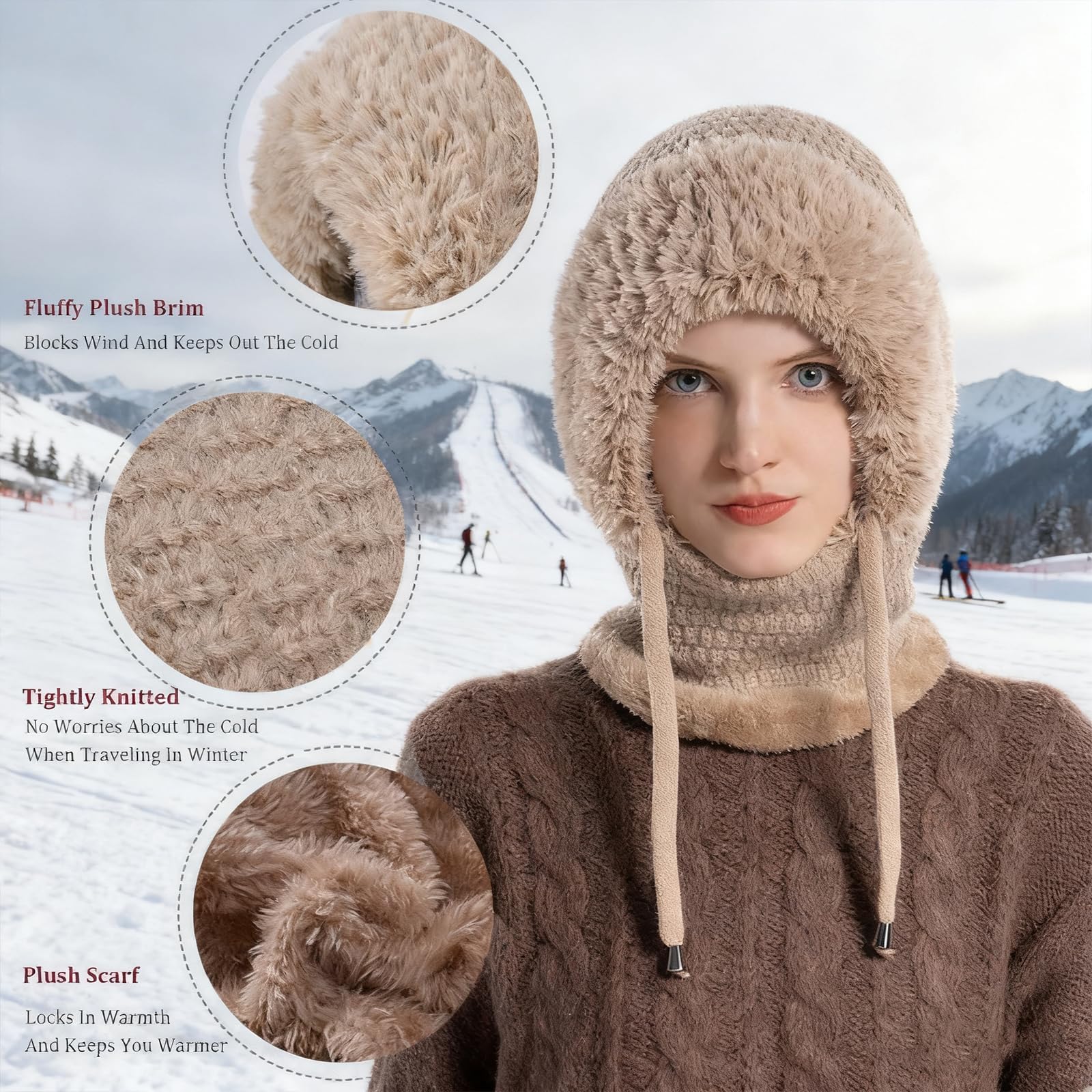 3 in 1 Beanie Hat for Women,All in One Hat and Scarf,Knitted Ski Scarf and Mask Set — view 5
