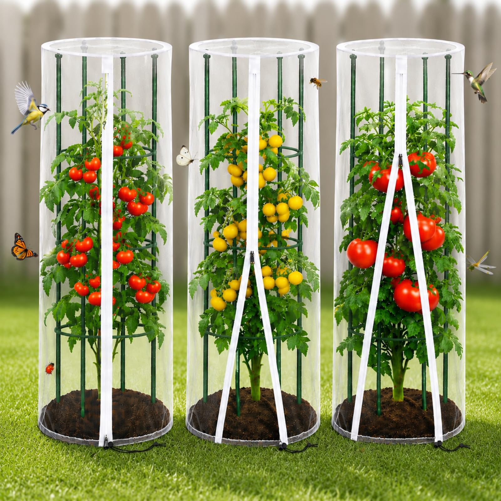 Vogelschutznetz & Insektenschutznetz für Tomaten Rankhilfe und Rankgitter, ohne Gestänge, 3er Set Rundes Pflanzenschutznetz Ø45 × 155 cm, Engmaschiges Gemüseschutznetz mit Reißverschluss und Zugband