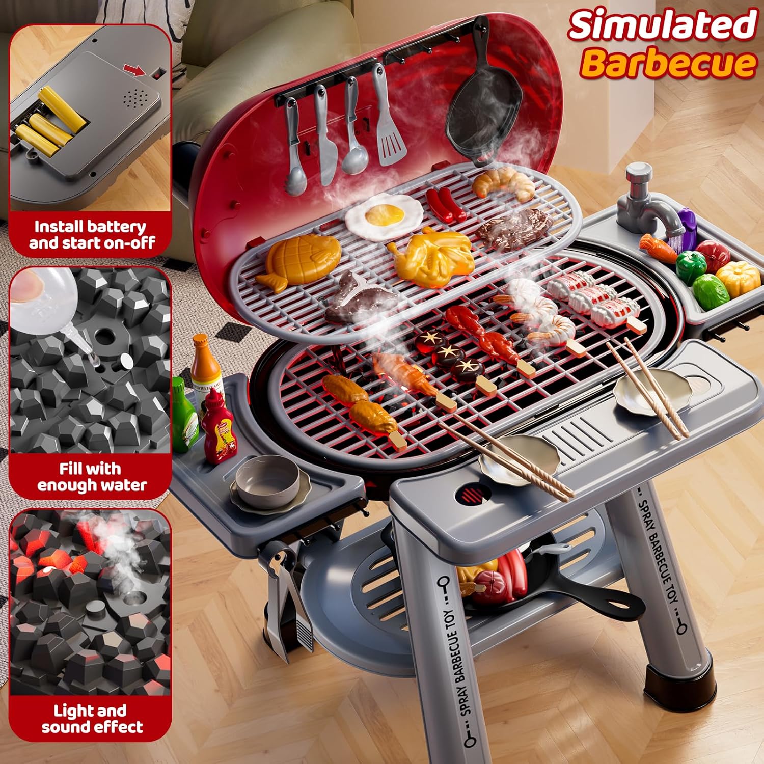 Kids Grill Playset for Toddlers 3-5, 2-Layer Outdoor BBQ Cooking Toy with Smoke, Lights and Sounds, Backyard Pretend Play Kitchen Set, Outside Toys for Boys and Girls