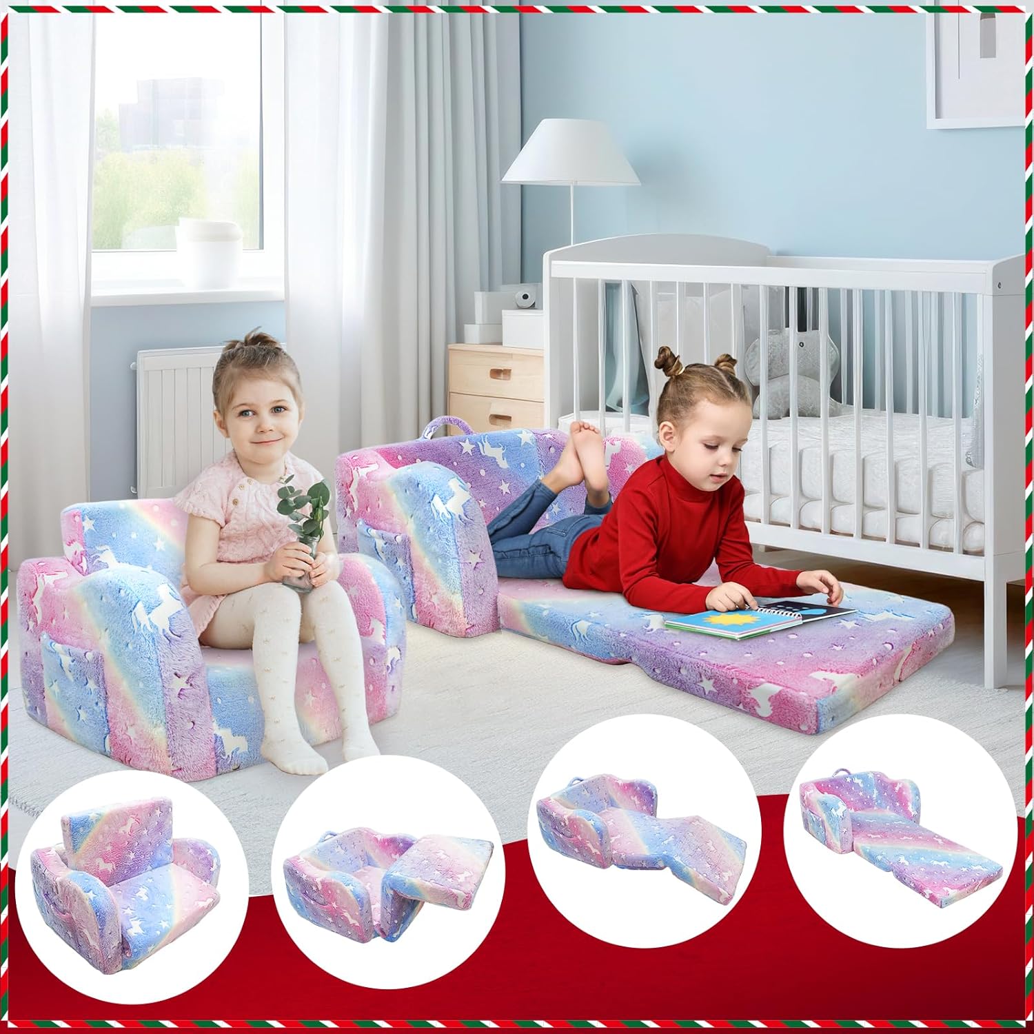 2-in-1 Kids Chair for 2 Seats,Convertible Toddler Couch to Lounger,Comfy Folding Play Sofa for Girls Boys,Glowing Rainbow