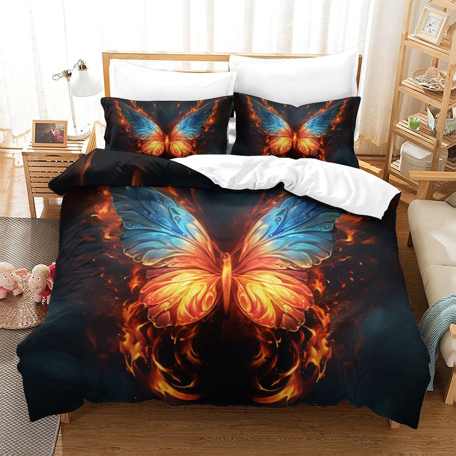 Housse de couette papillon 3D 260x220 cm avec taies en microfibre pour lit enfant et ado