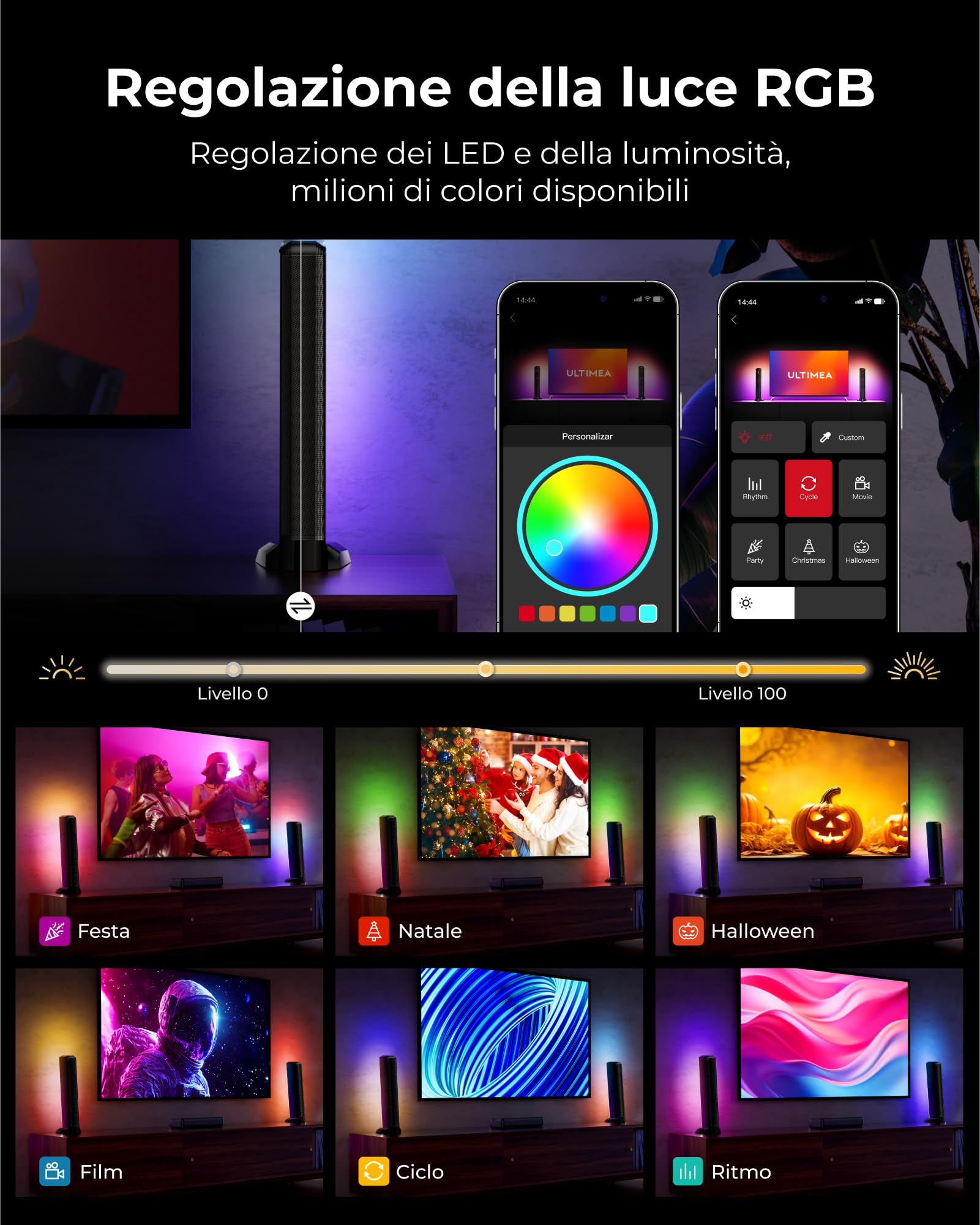 ULTIMEA Soundbar Surround Virtuale 7.1ch, Soundbar TV con Audio Immersivo e 2 Altoparlanti Surround, Luci RGB, Subwoofer da 6,5", Potenza di Picco 410W, App, HDMI, Apollo S70 Ultra