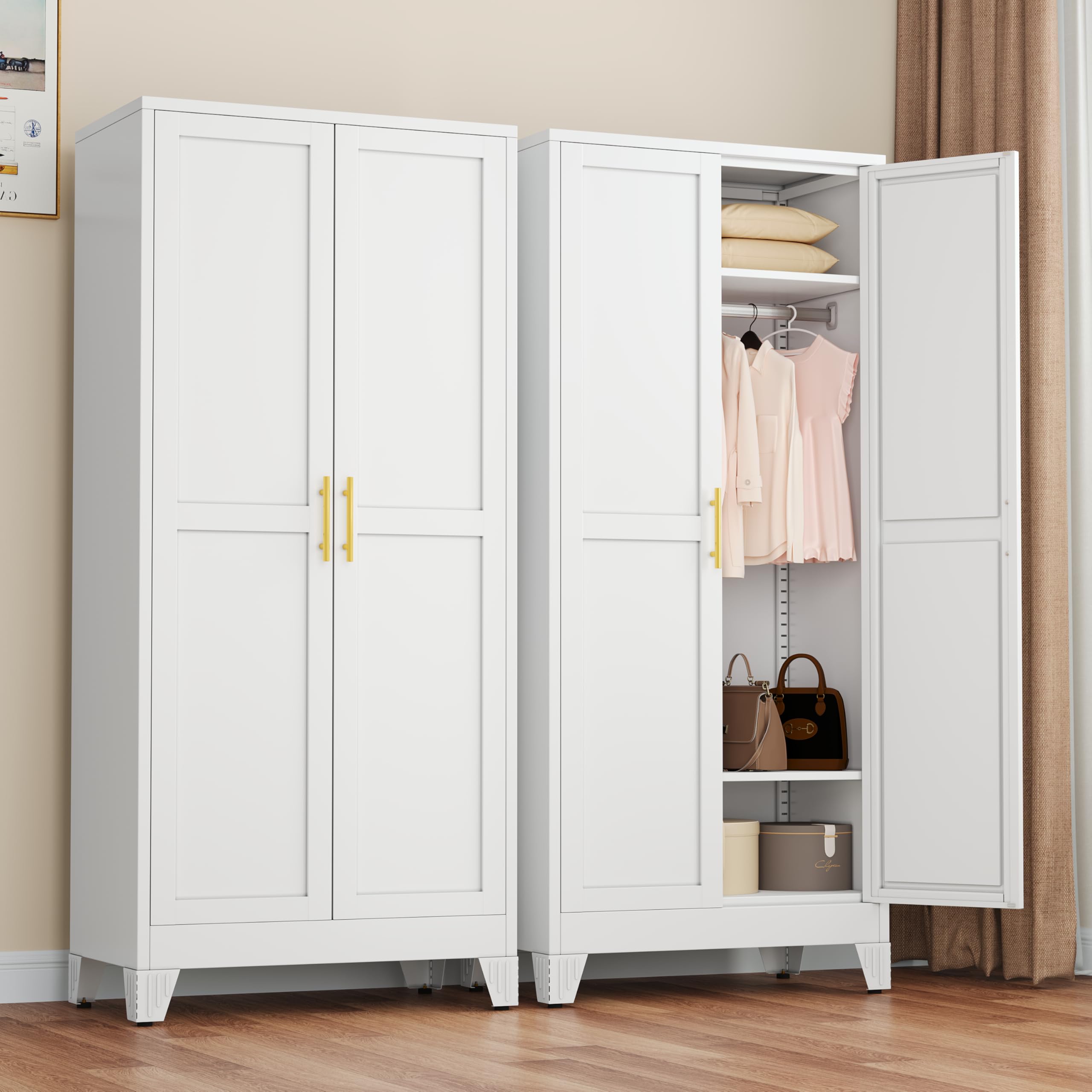 winiowa Metal Armoire Wardrobe Closet with 2 Doors, 71"' Wardrobe Cabinet with Adjustable Shelves and Hanging Rod, Clothing Storage Cabinet Closet for