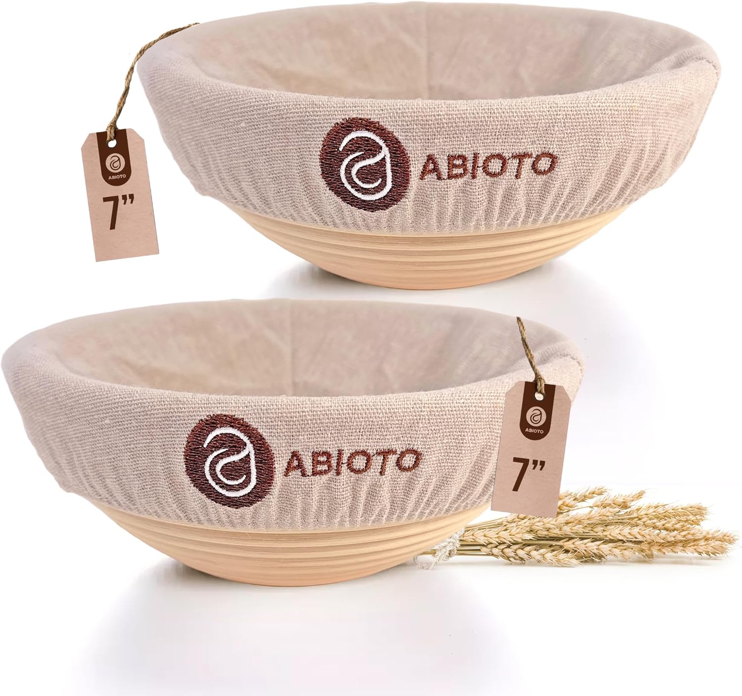 ABIOTO Bread Proofing Baskets for Sourdough Bread Baking - Set of 2 7" Round Banneton Baskets with Liners, Made of Finest Indonesian Rattan - Bake Perfect Artisan Bread Loaves at Home Like a Pro