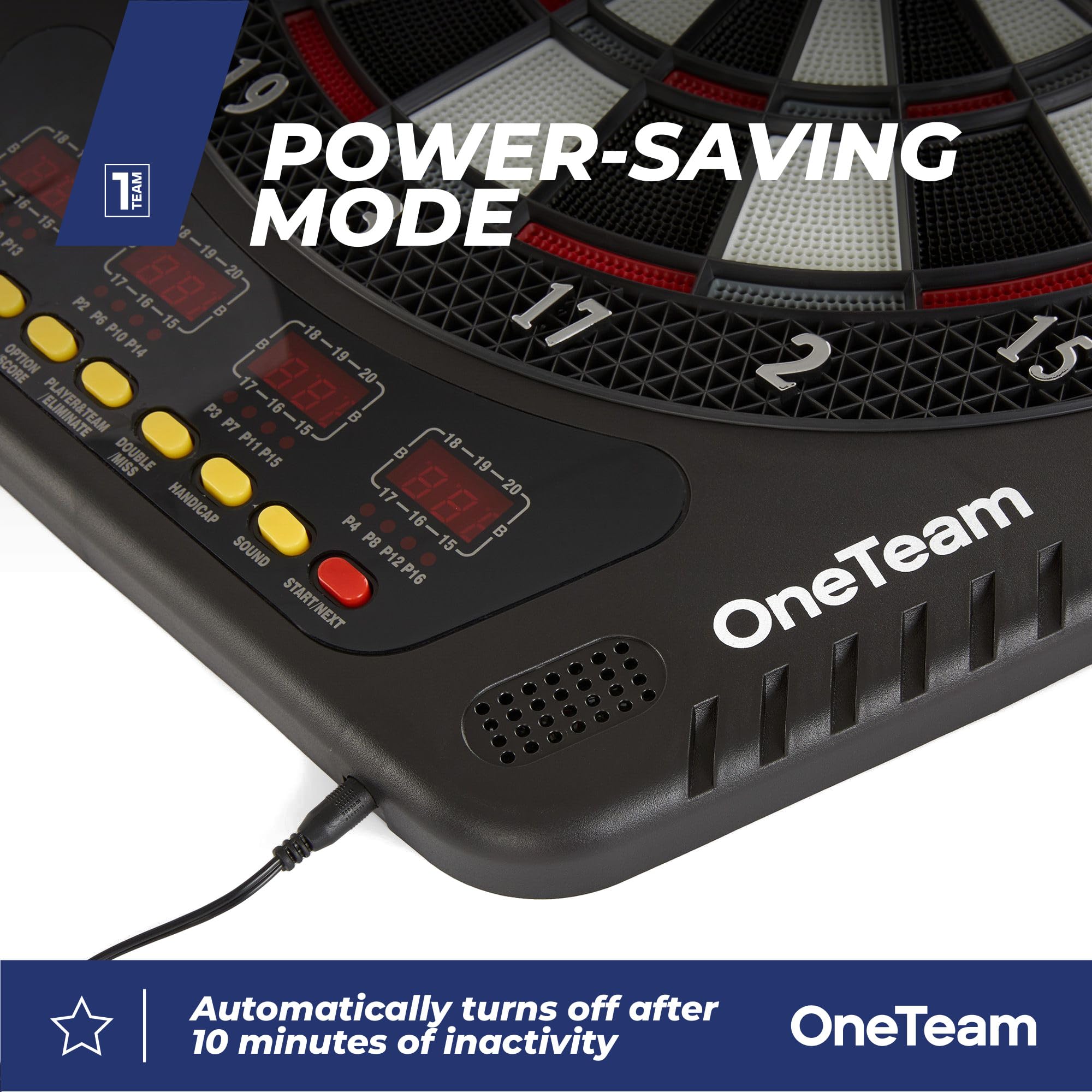 OneTeam TargetJoy Bersaglio elettronico da 35 cm, 27 giochi/243 varianti, 4 indicatori LED, 16 giocatori, funzionamento a rete/batteria, 24 punte per freccette, Master in/out, modalità audio