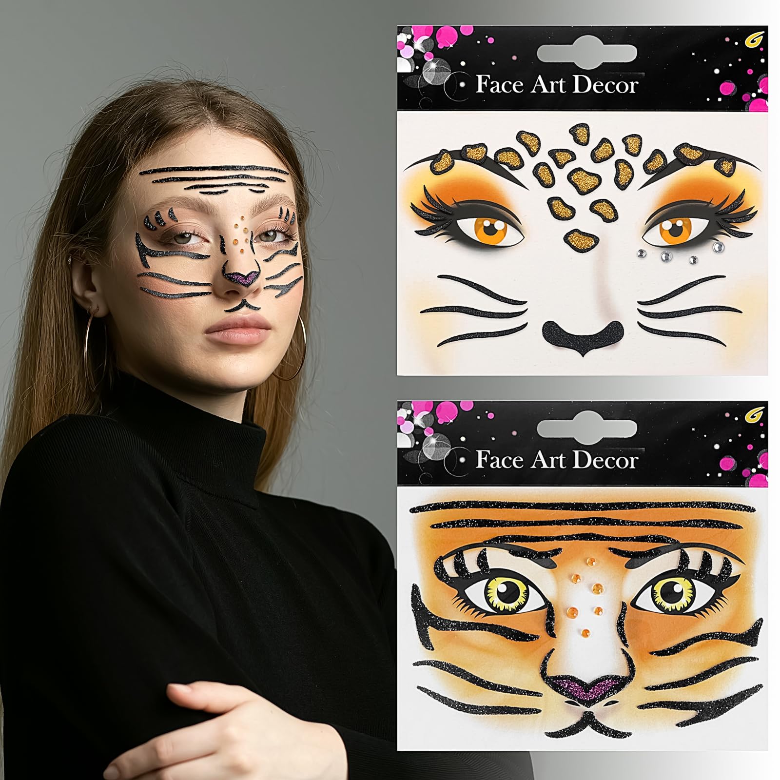 Leopard Face Tattoos Stickers Cute Toger Face Gems Animal Glitter Face Jewels Halloween Christmas Self-adhesive Face Art Rhinestone Stickers Stick On Temporary Tattoo