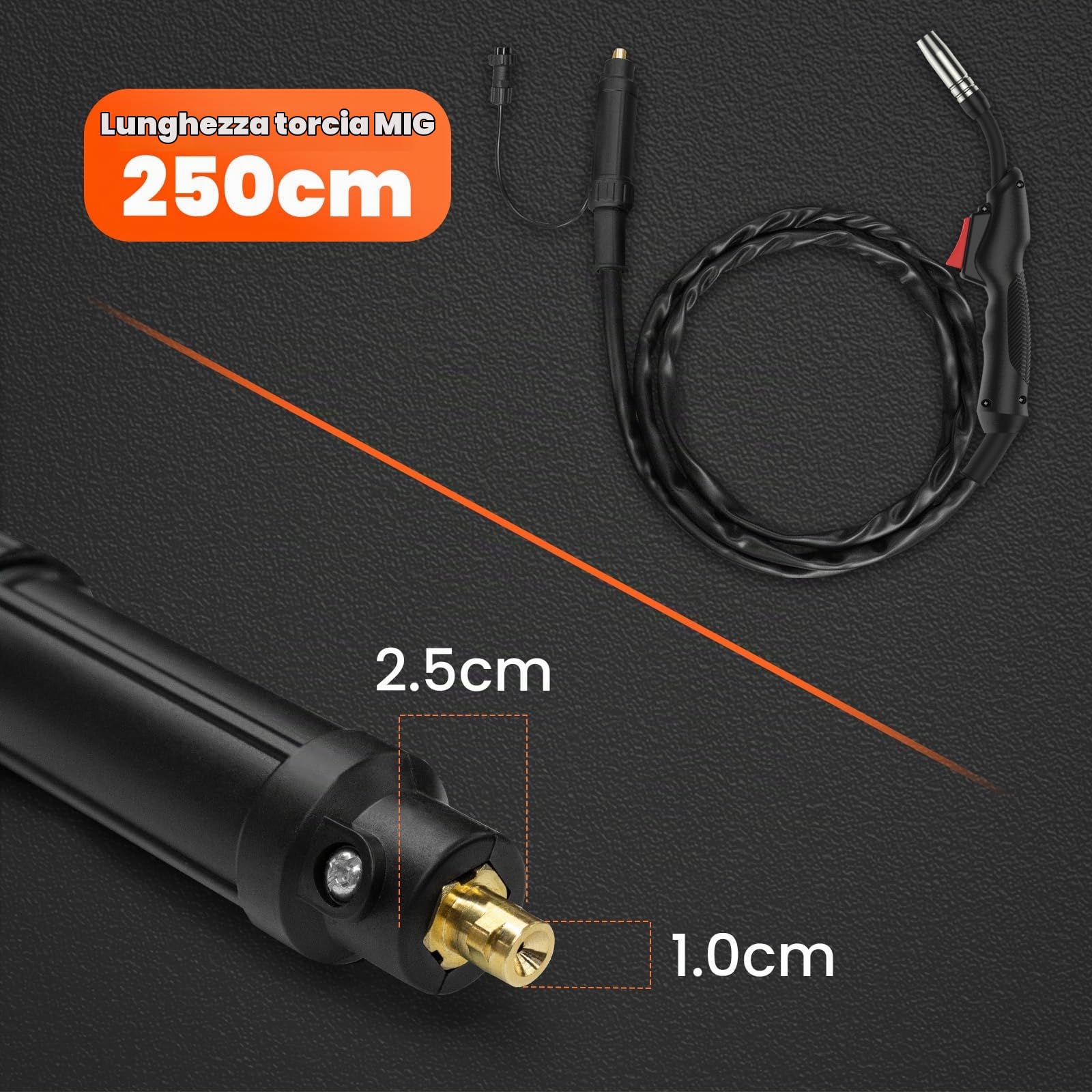HITBOX Torcia MIG per saldatura MB14AK, Tubo 2,5 m con connettore Euro, Cavo in alluminio ramato 16mm², Spina aviazione GX16-04, Punte di contatto 0,8mm e 1,0mm incluse, Accessori per saldatrici MIG