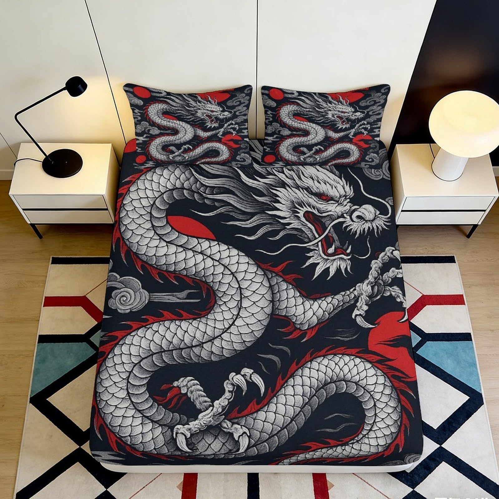 3D Printed Black Dragon Fitted Sheet Microfiber Red Oriental Bed Cover, Anti-Slip Machine Washable, Decorative for Bedroom Home 90x200x25cm