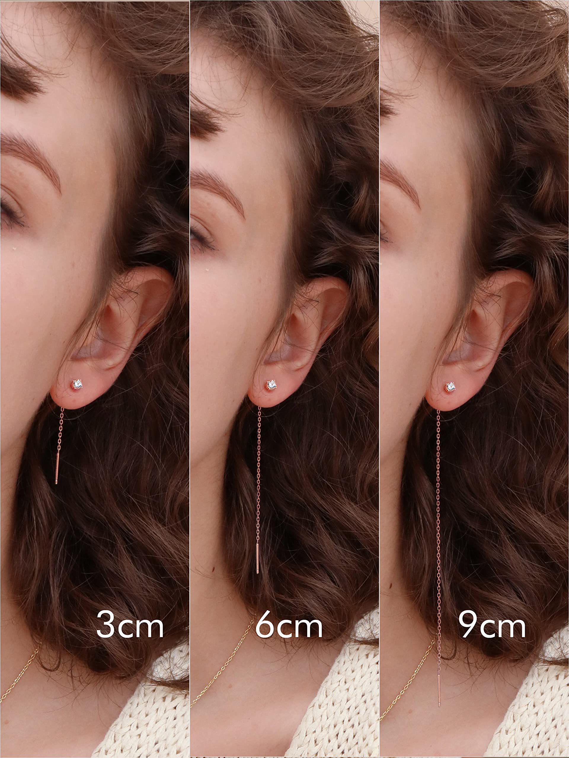 S.Leaf Trendige CZ-Gold-Einfädlerohrringe, baumelnd, Kette, Doppel-Piercing, Durchzieh-Design für Frauen