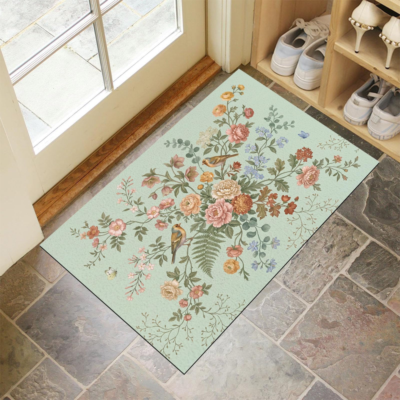 Felpudo Ultrafino Para Interiores,80X120Cm,Flores Orientales Sencillas Pájaros Alfombra Antideslizante Lavable Para Entrada,Plantas Naturales Retro Felpudo De Perfil Bajo,Atrapa Suciedad,Verde Salvia