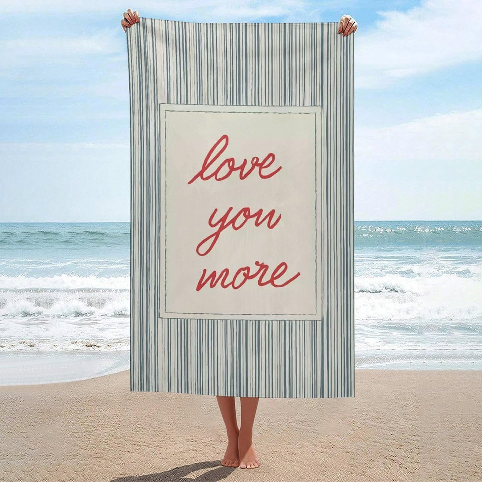 asbwuo Vertically Stripes with Text Love You More Beach Towel