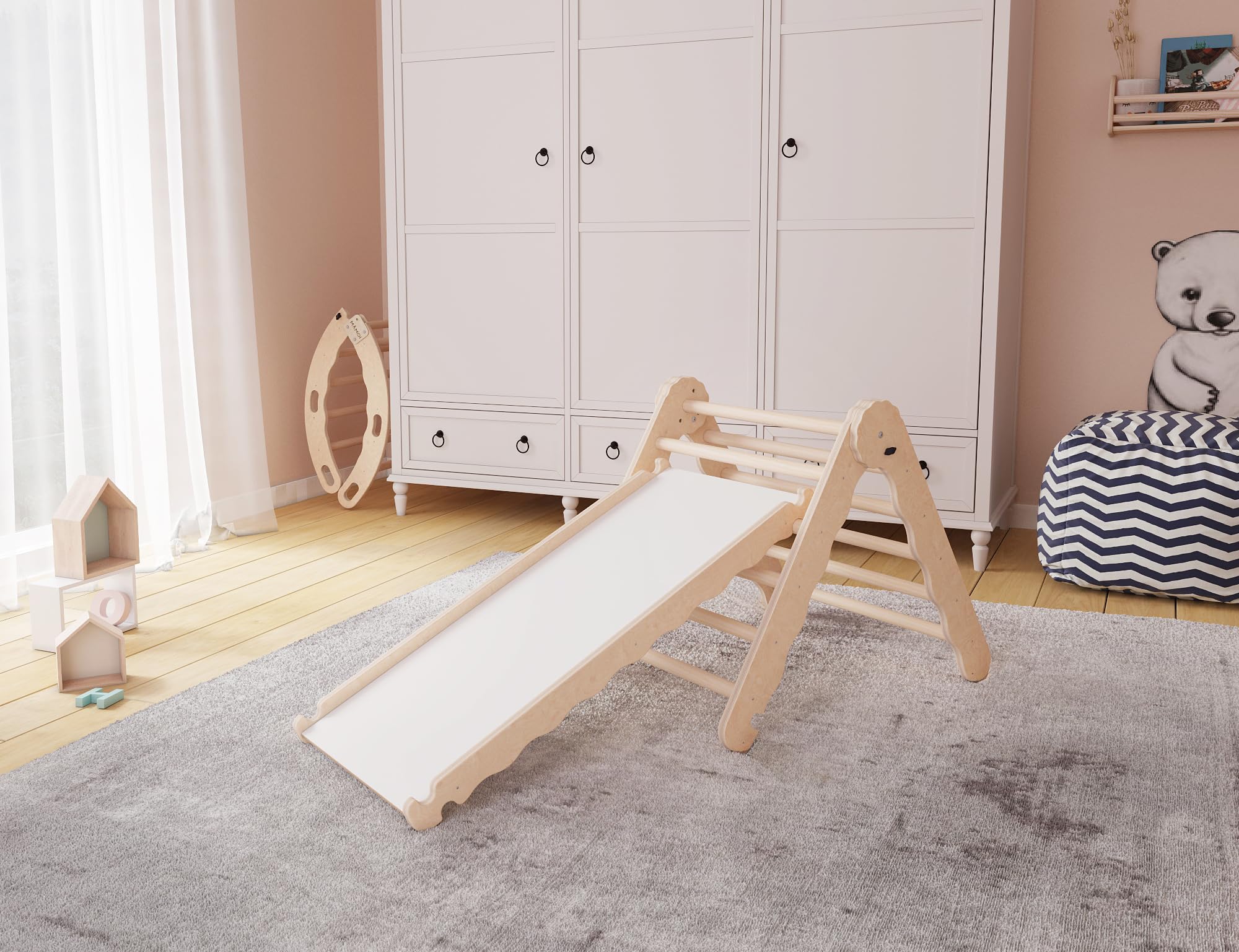 MAMOI® Klettergerüst Indoor, Kletterdreieck mit Rutsche aus Holz, Kletterturm mit Rutschbrett, Kletterbogen, Regenbogenwippe, Montessori Spielzeug