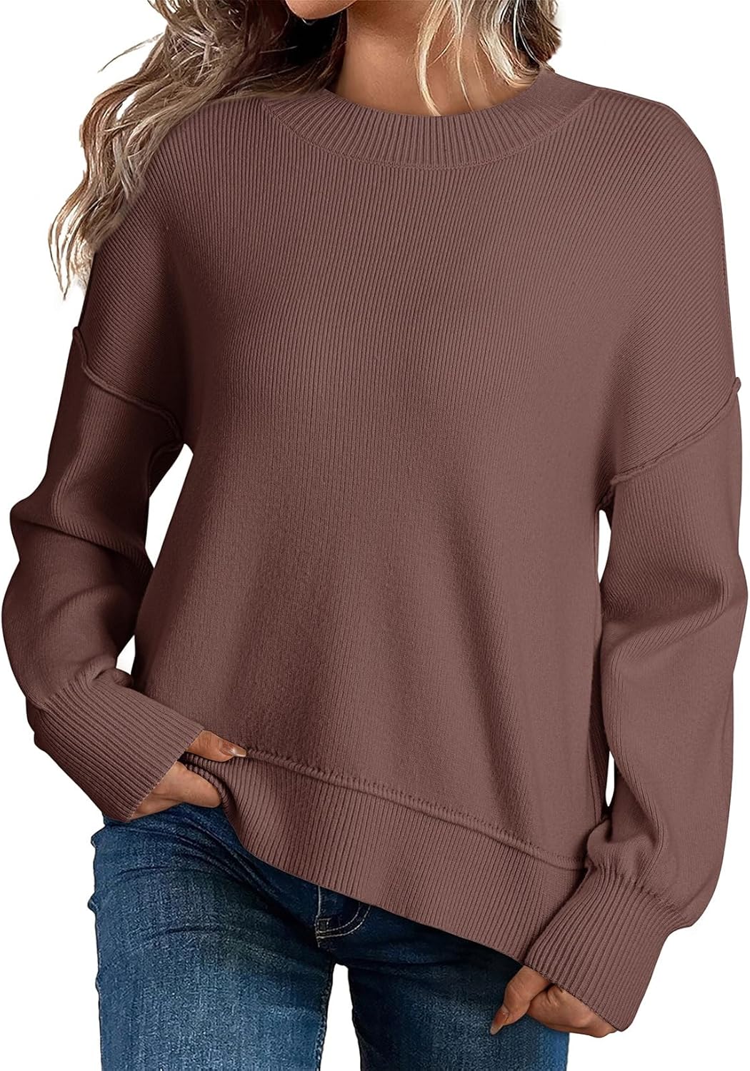 Dokotoo Women's Sweaters Colorblock Crewneck Cotton Long Sleeve Fall Winter Knit Pullover Jumper Tops