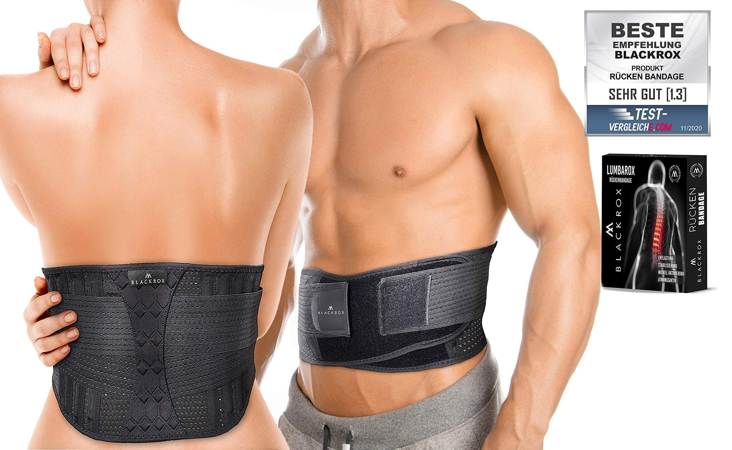 BLACKROX LUMBAROX - Fascia lombare per la schiena per uomini e donne, ideale per stabilizzare e sostenere la schiena dritta, taglia M, nero