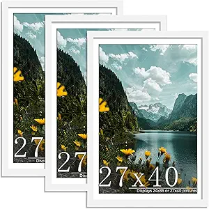 Picrit 27x40 inch Poster Frame 3 Pack, White Poster Frame, Display Poster 24 x 36 with Mat or 27 x 40 without Mat for Horizontal or Vertical Wall Mounting